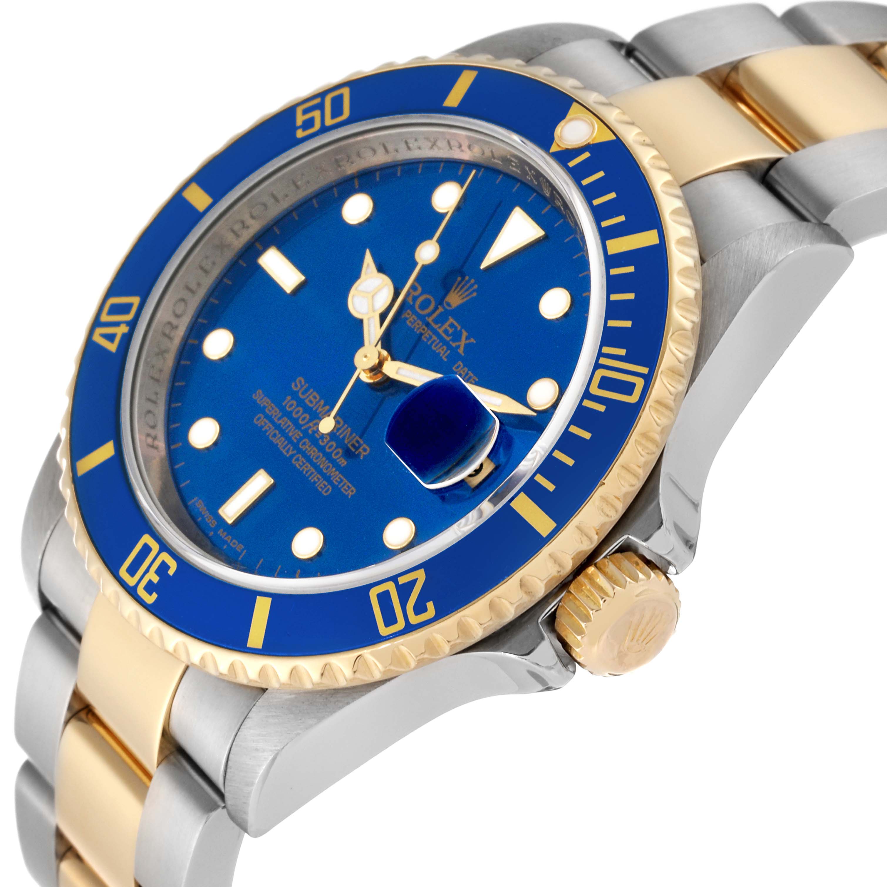 This image shows a side angle of a Rolex Submariner 16613 Men's Steel and Gold (two tone) Blue Dial 16613 Men's Steel and Gold (two tone) Blue Dial watch, highlighting its blue dial, blue bezel, and two-tone band.