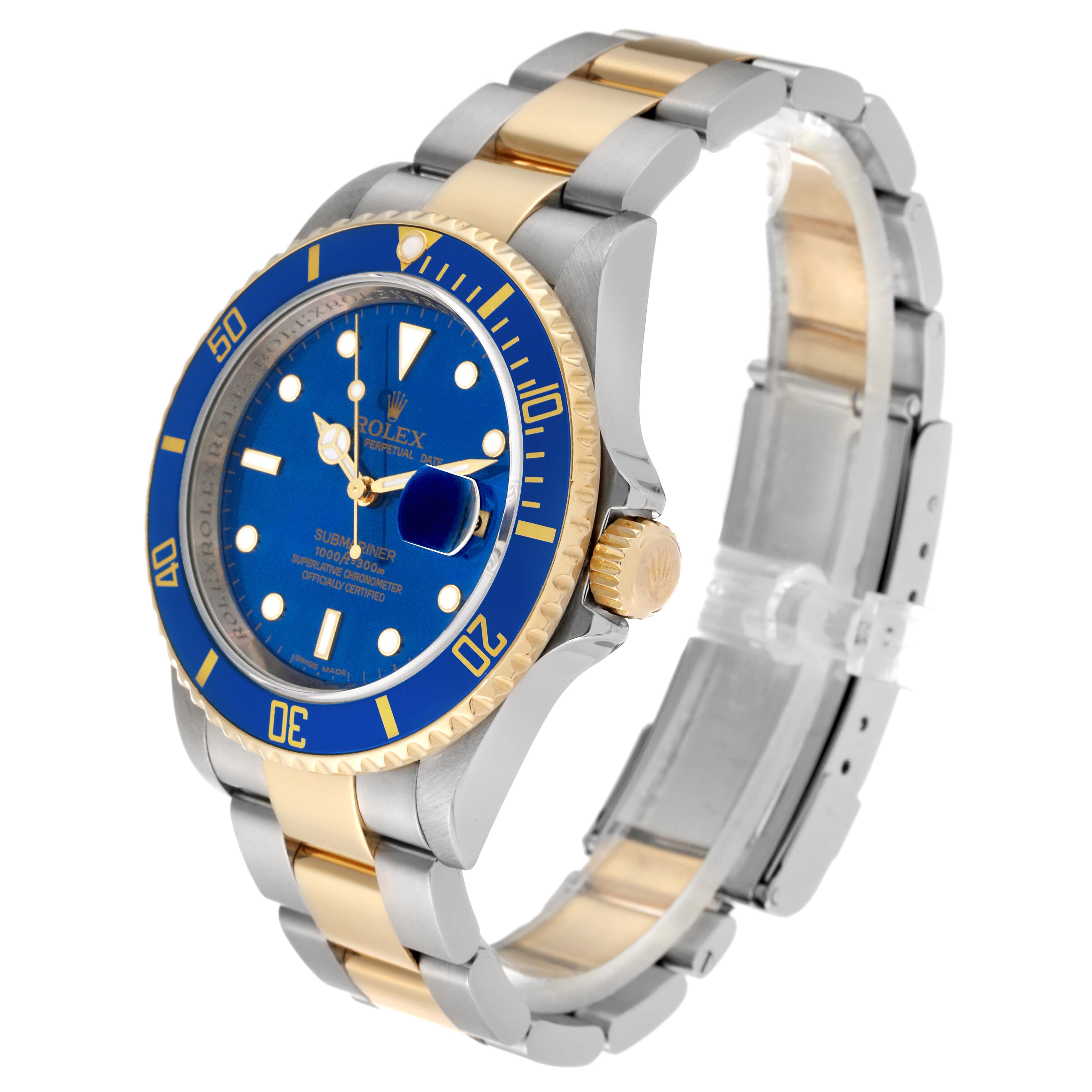The image shows a Rolex Submariner 16613 Men's Steel and Gold (two tone) Blue Dial 16613 Men's Steel and Gold (two tone) Blue Dial watch at a three-quarter angle, displaying its face, bezel, crown, and bracelet.