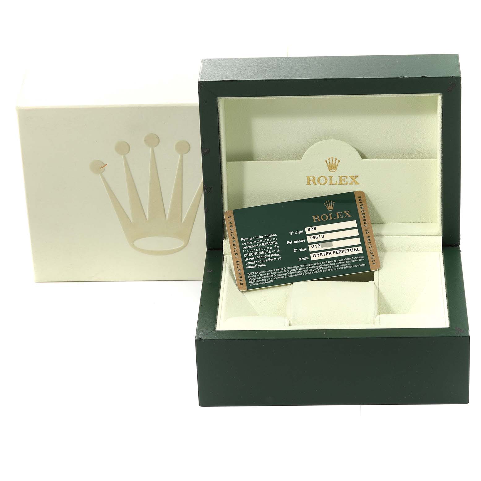 The image shows a Rolex Submariner 16613 Men's Steel and Gold (two tone) Blue Dial 16613 Men's Steel and Gold (two tone) Blue Dial watch box with authentication card, viewed from the front.