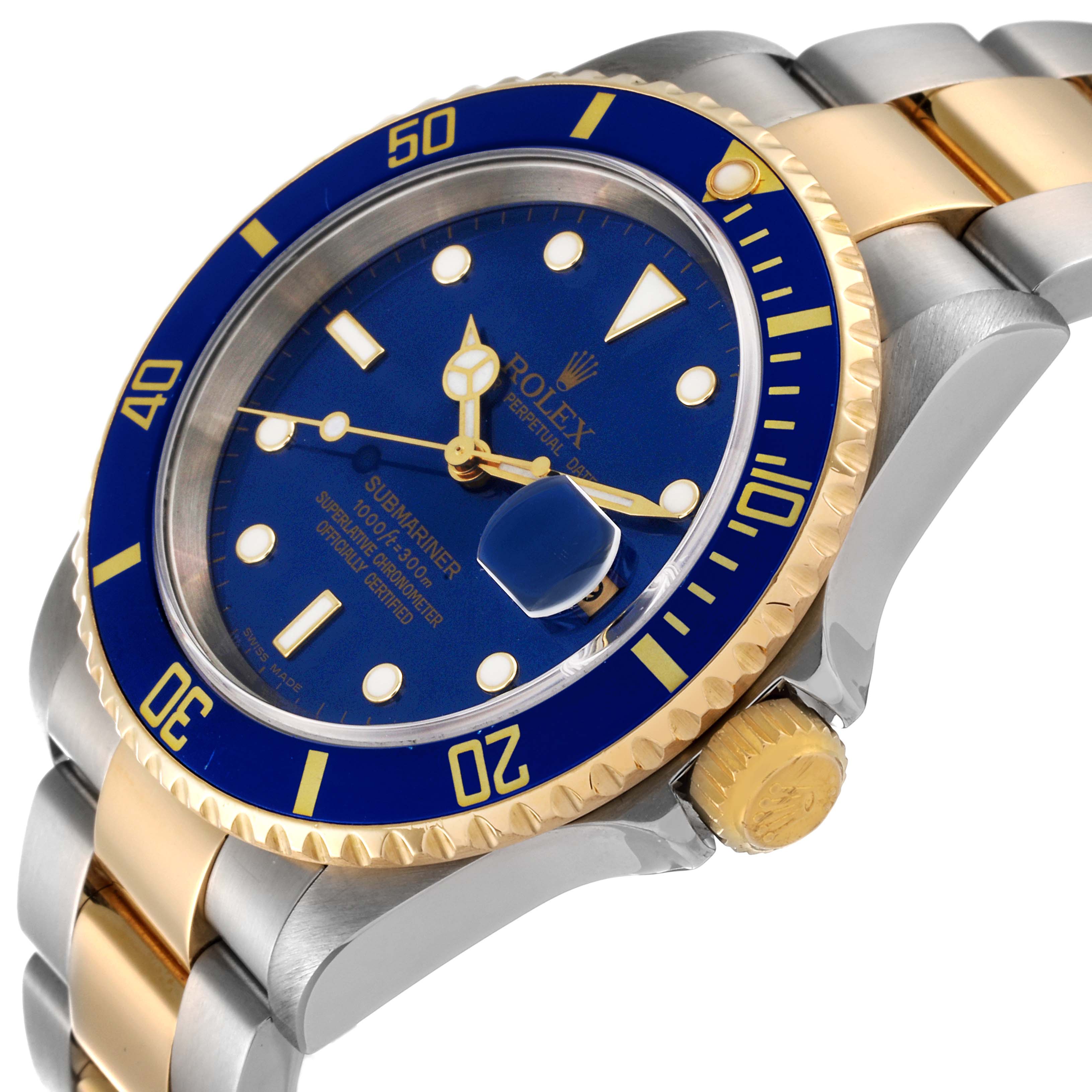 This image shows a close-up, angled view of the Rolex Submariner 16613 Men's Steel and Gold (two tone) Blue Dial 16613 Men's Steel and Gold (two tone) Blue Dial watch, displaying the bezel, dial, and part of the bracelet.