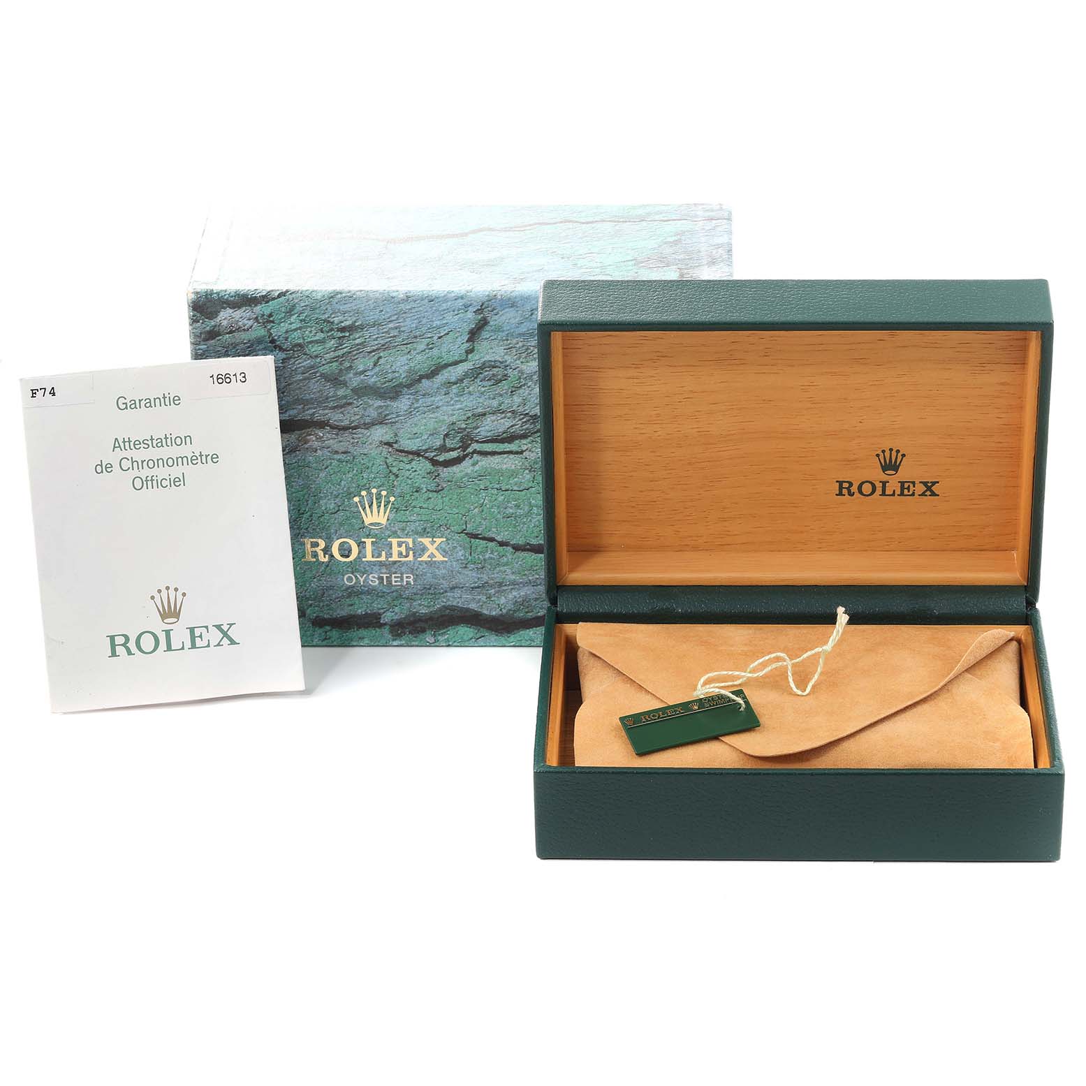 This image shows the box, booklet, and tag of a Rolex Submariner 16613 Men's Steel and Gold (two tone) Blue Dial 16613 Men's Steel and Gold (two tone) Blue Dial watch; the watch itself is not visible.