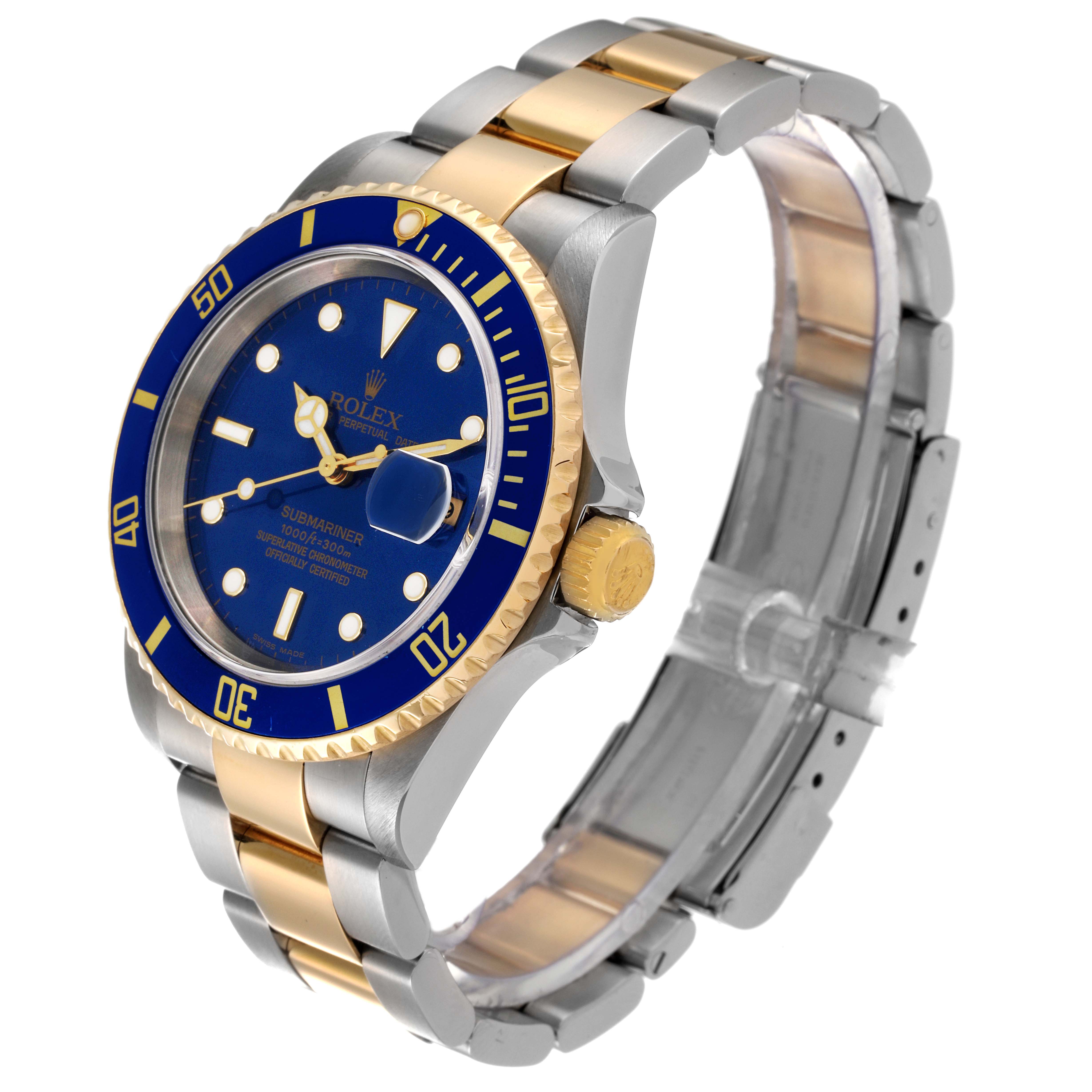 This image shows a side-angle view of a Rolex Submariner 16613 Men's Steel and Gold (two tone) Blue Dial 16613 Men's Steel and Gold (two tone) Blue Dial watch, displaying the blue dial, bezel, and two-tone metal bracelet.