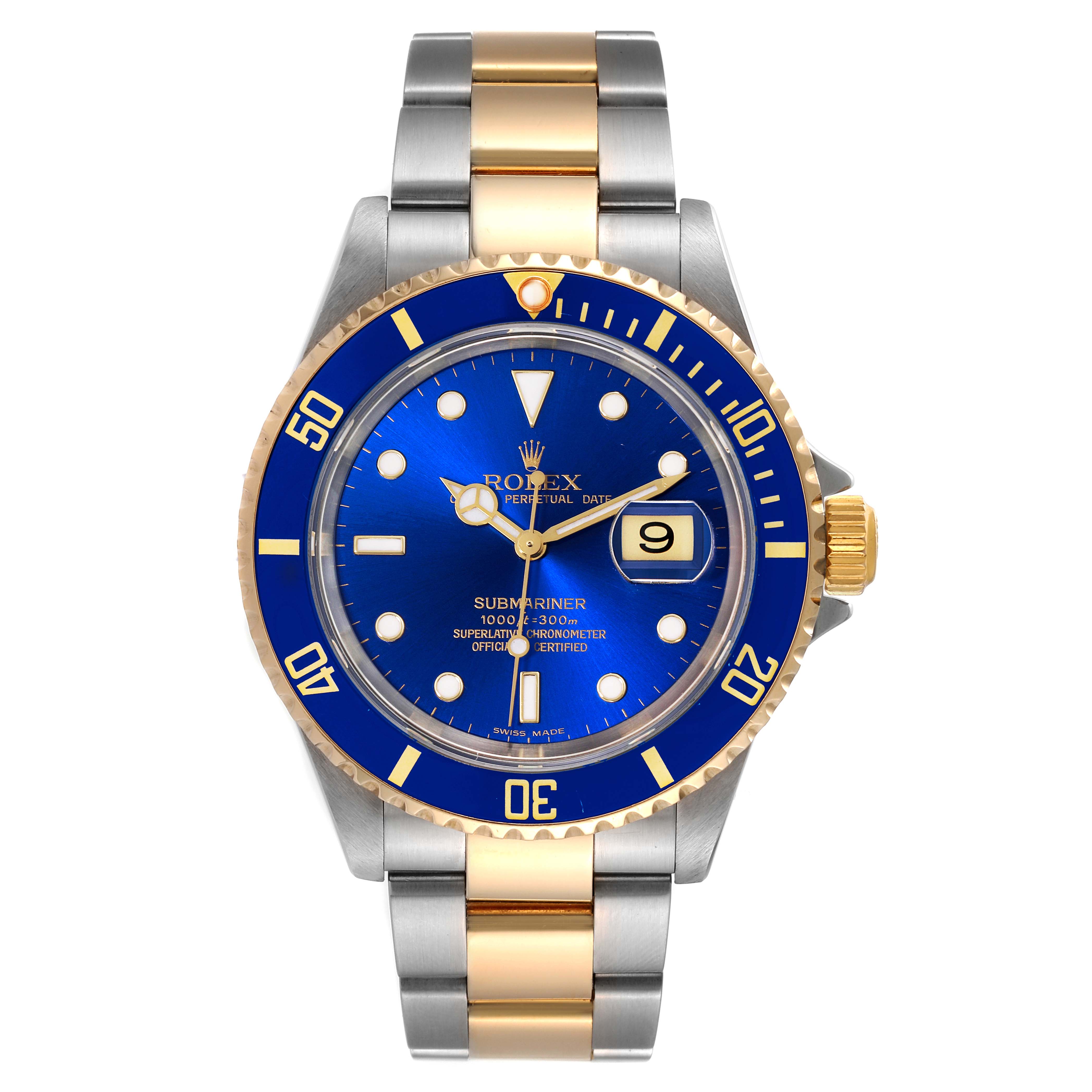 The image shows a front view of a Rolex Submariner 16613 Men's Steel and Gold (two tone) Blue Dial 16613 Men's Steel and Gold (two tone) Blue Dial watch, highlighting the dial, bezel, and bracelet.