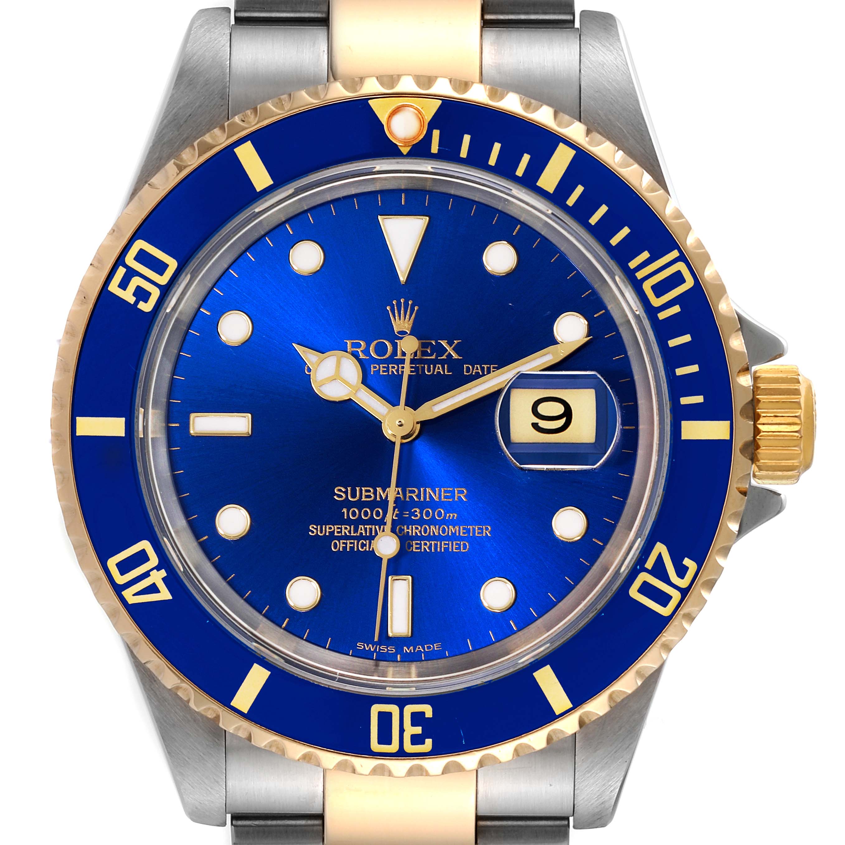 This image shows a front view of the Rolex Submariner 16613 Men's Steel and Gold (two tone) Blue Dial 16613 Men's Steel and Gold (two tone) Blue Dial watch, highlighting its blue dial, gold accents, and date window.