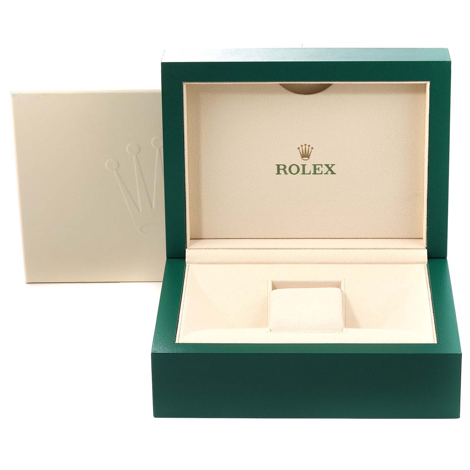 This image shows an open green and beige Rolex Submariner 126619 Men's White Gold Black Dial 126619 Men's White Gold Black Dial watch box with the logo displayed inside.