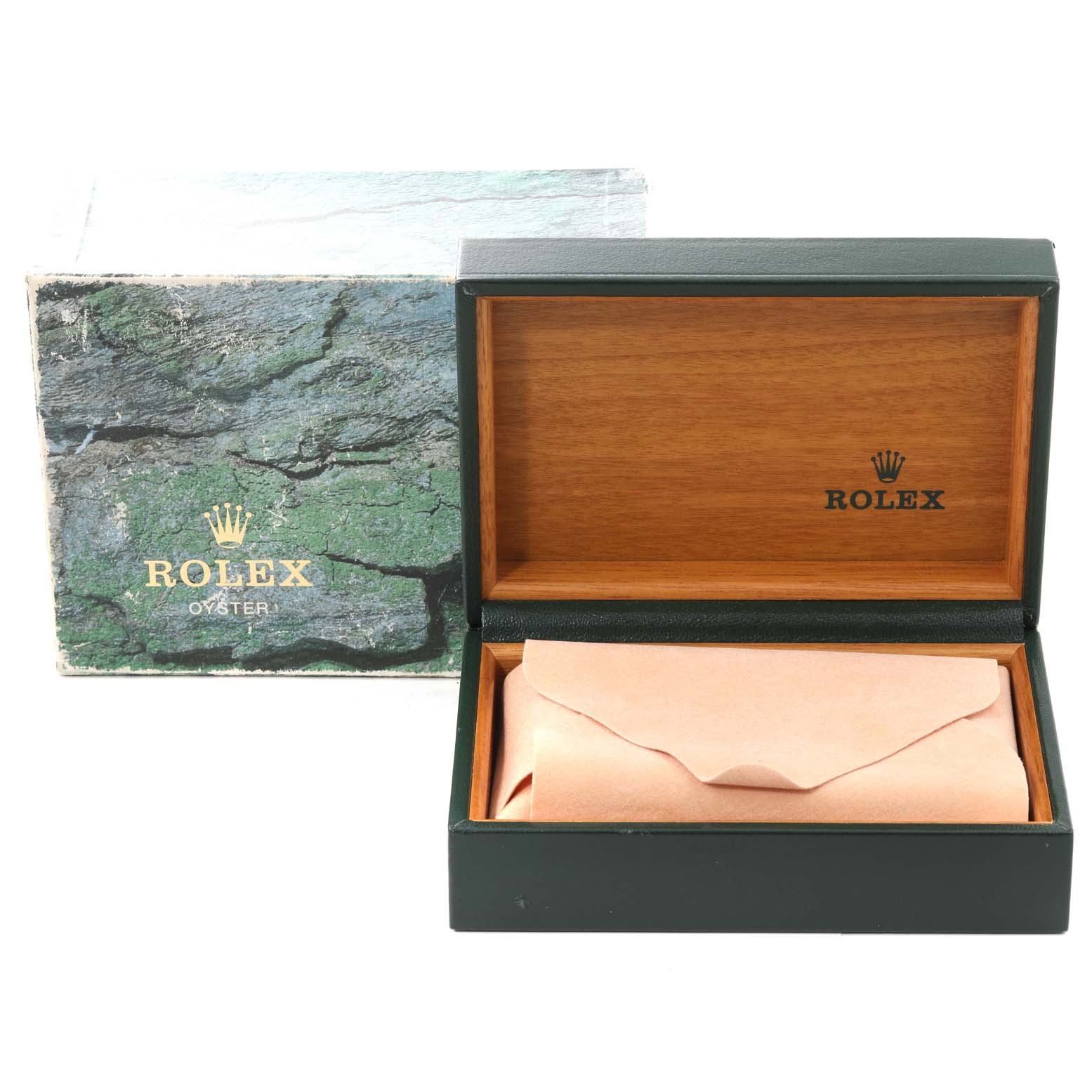 This image shows the open packaging box for the Rolex Submariner 16610 Men
s Stainless Steel Black Dial 16610 Men
s Stainless Steel Black Dial watch, revealing the inner wooden case and outer cardboard box.