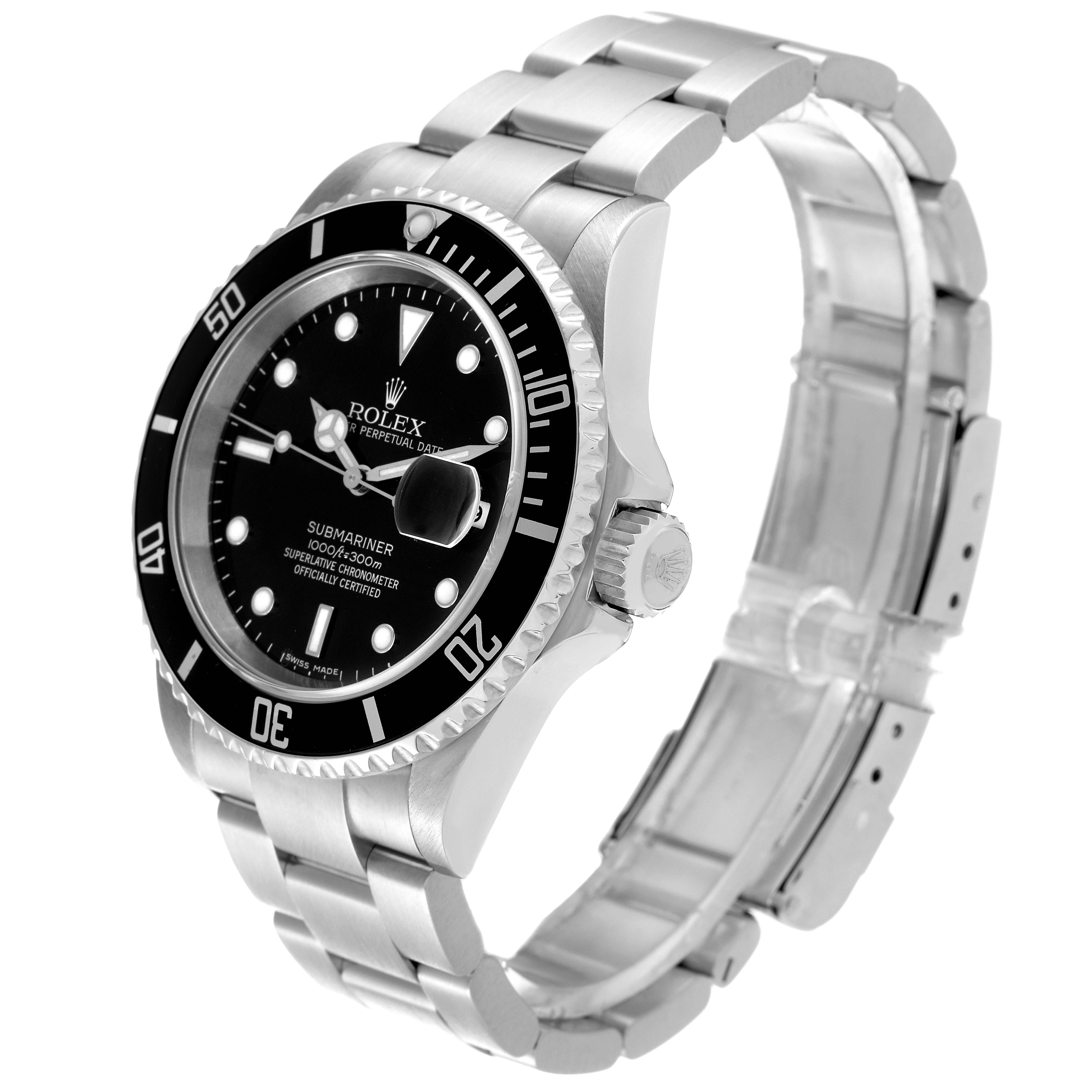 This image shows a side angle of a Rolex Submariner 16610 Men
s Stainless Steel Black Dial 16610 Men
s Stainless Steel Black Dial watch, highlighting its dial, bezel, crown, and bracelet.