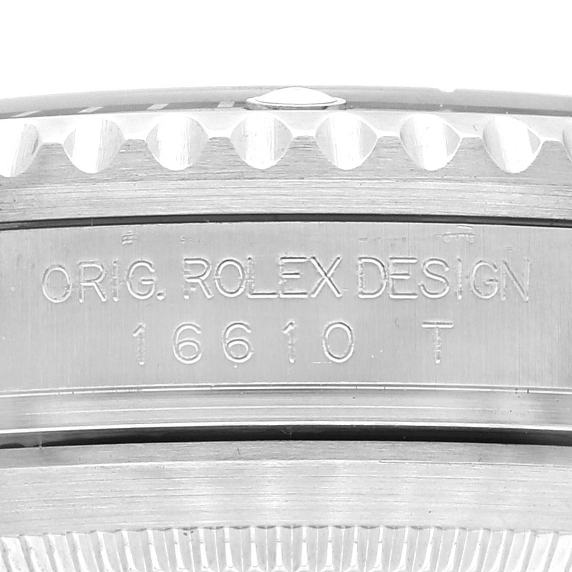 This close-up image shows the side case and engraving of a Rolex Submariner 16610 Men
s Stainless Steel Black Dial 16610 Men
s Stainless Steel Black Dial 16610T watch.