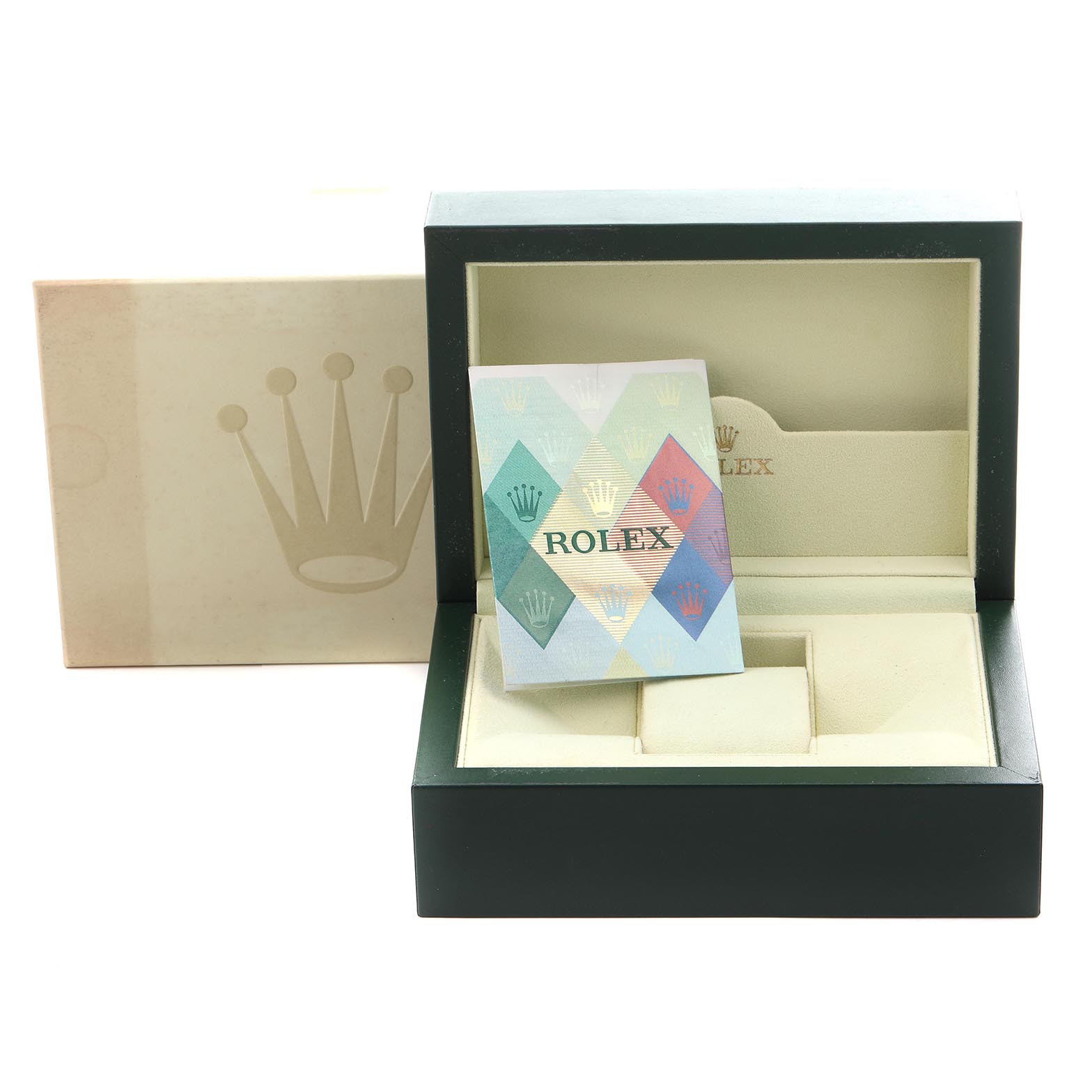 The image shows the open box and packaging for a Rolex Submariner 16610 Men's Stainless Steel Black Dial 16610 Men's Stainless Steel Black Dial, with an accompanying booklet.