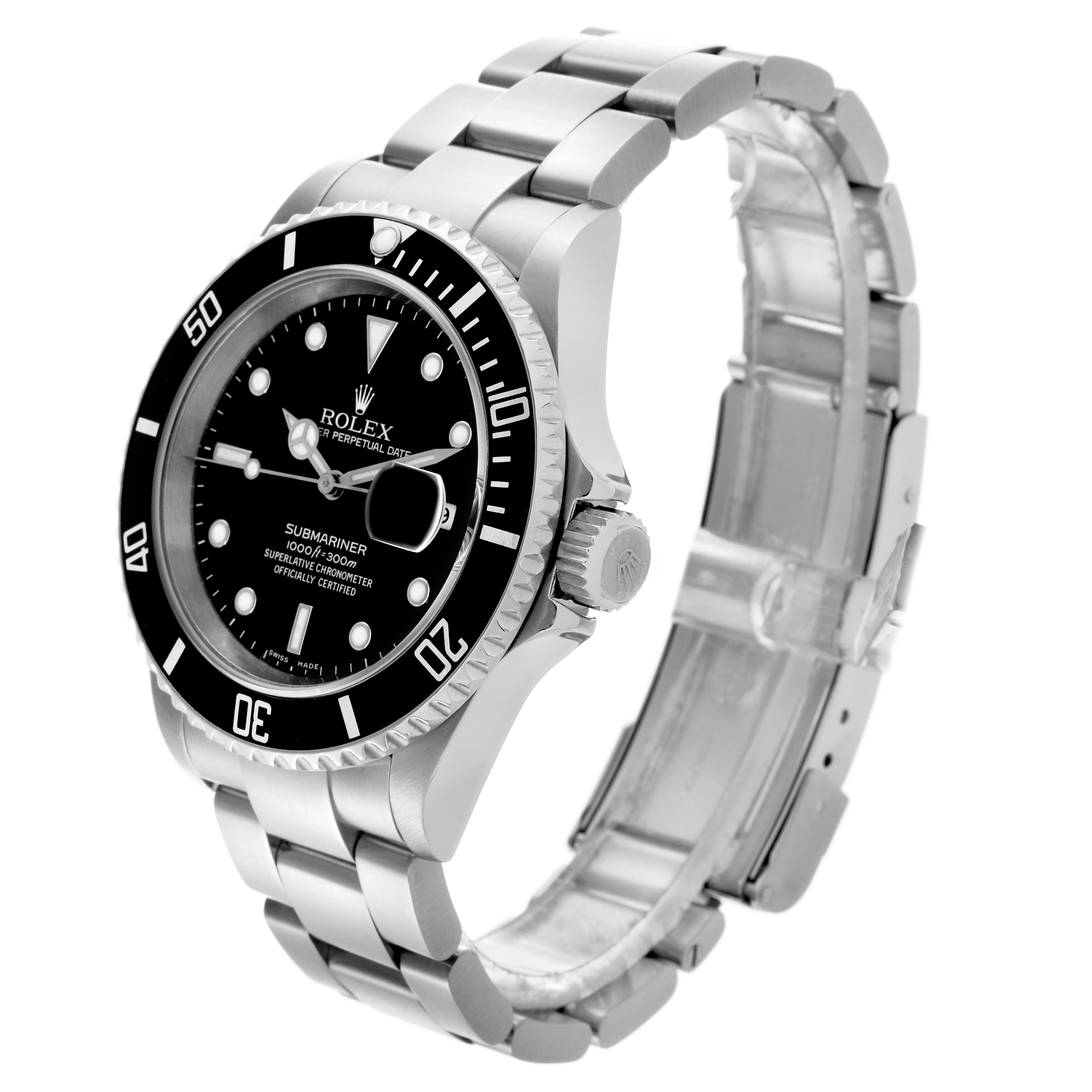 The Rolex Submariner 16610 Men's Stainless Steel Black Dial 16610 Men's Stainless Steel Black Dial watch is shown at a three-quarter angle, displaying the face, bezel, crown, and stainless steel bracelet.