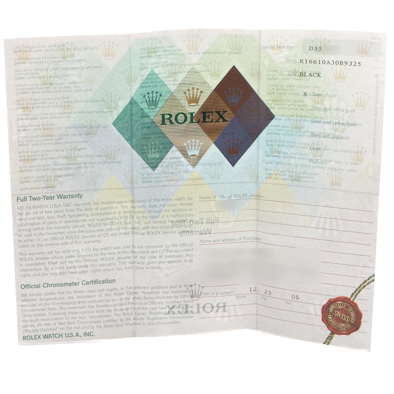 This image shows a document related to a Rolex Submariner 16610 Men's Stainless Steel Black Dial 16610 Men's Stainless Steel Black Dial, featuring warranty and certification details.