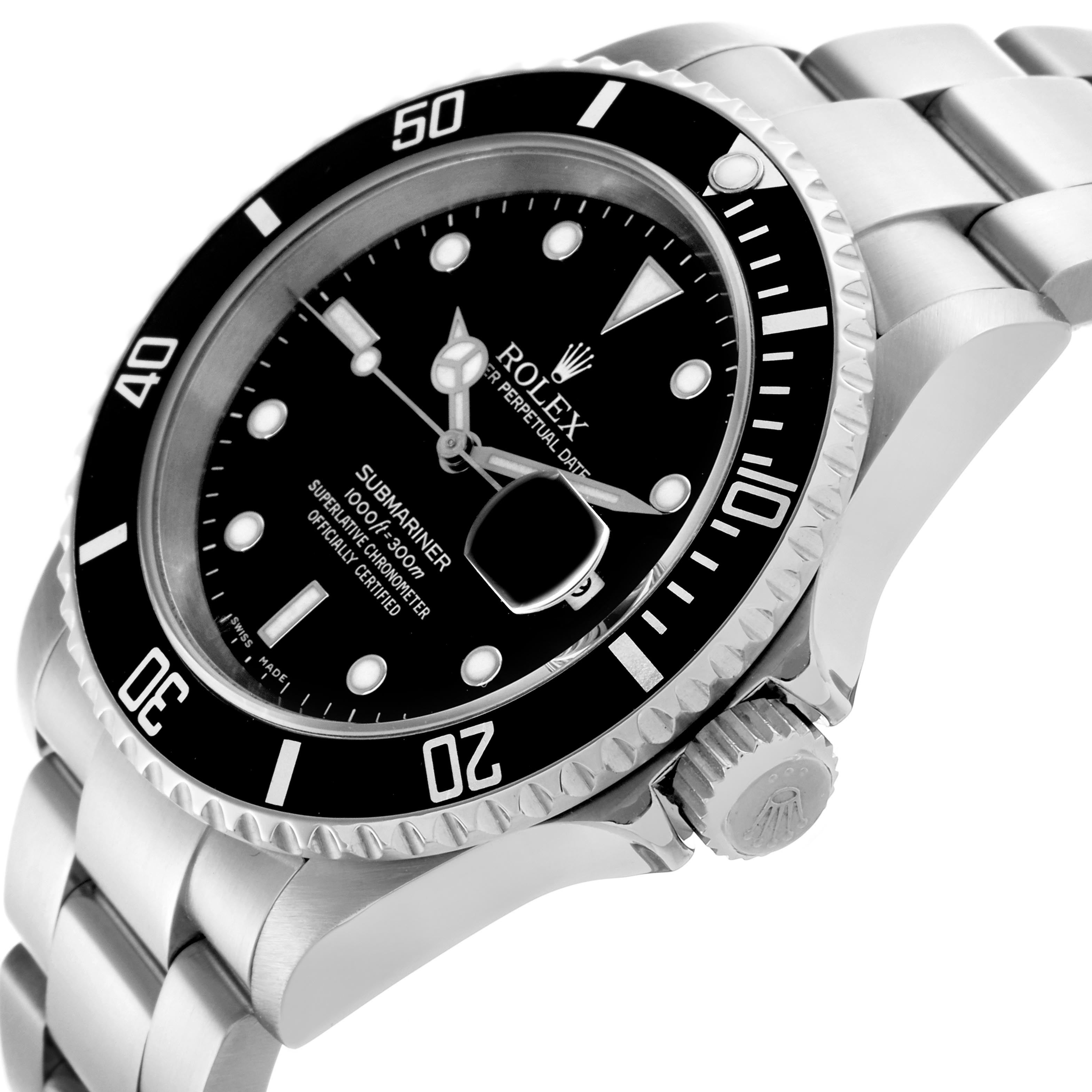 The Rolex Submariner 16610 Men's Stainless Steel Black Dial 16610 Men's Stainless Steel Black Dial is shown at an angled side view highlighting the face, bezel, crown, and part of the bracelet.