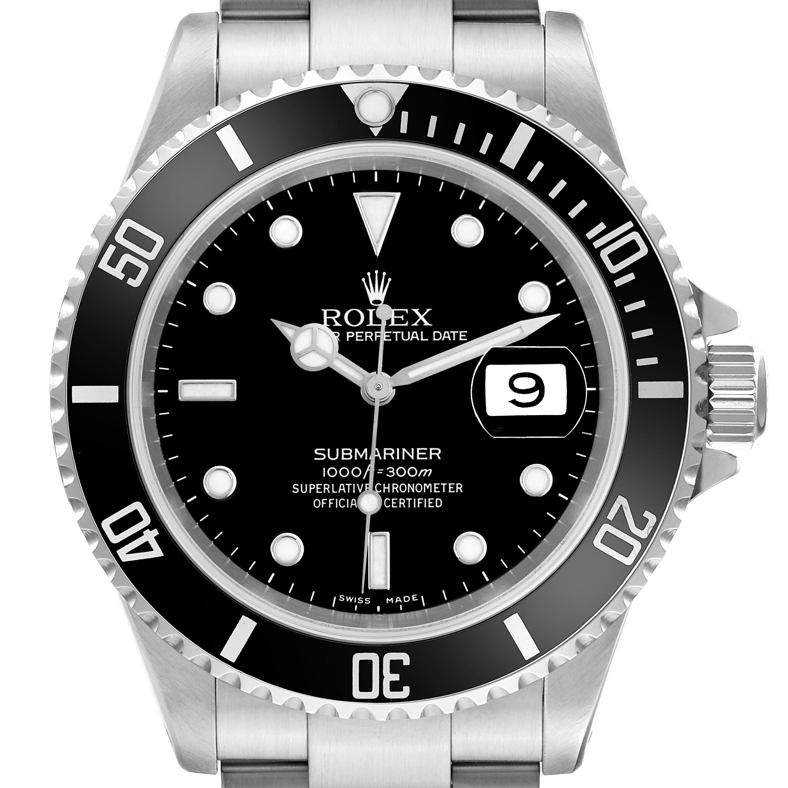 The Rolex Submariner 16610 Men's Stainless Steel Black Dial 16610 Men's Stainless Steel Black Dial is shown from a front angle, displaying the bezel, dial, crown, and bracelet top links.
