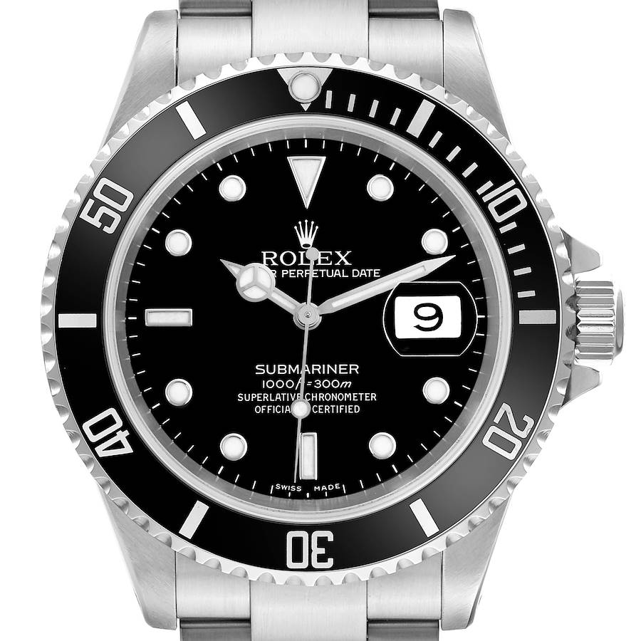 The Rolex Submariner is shown from a front angle, displaying the bezel, dial, crown, and bracelet top links.