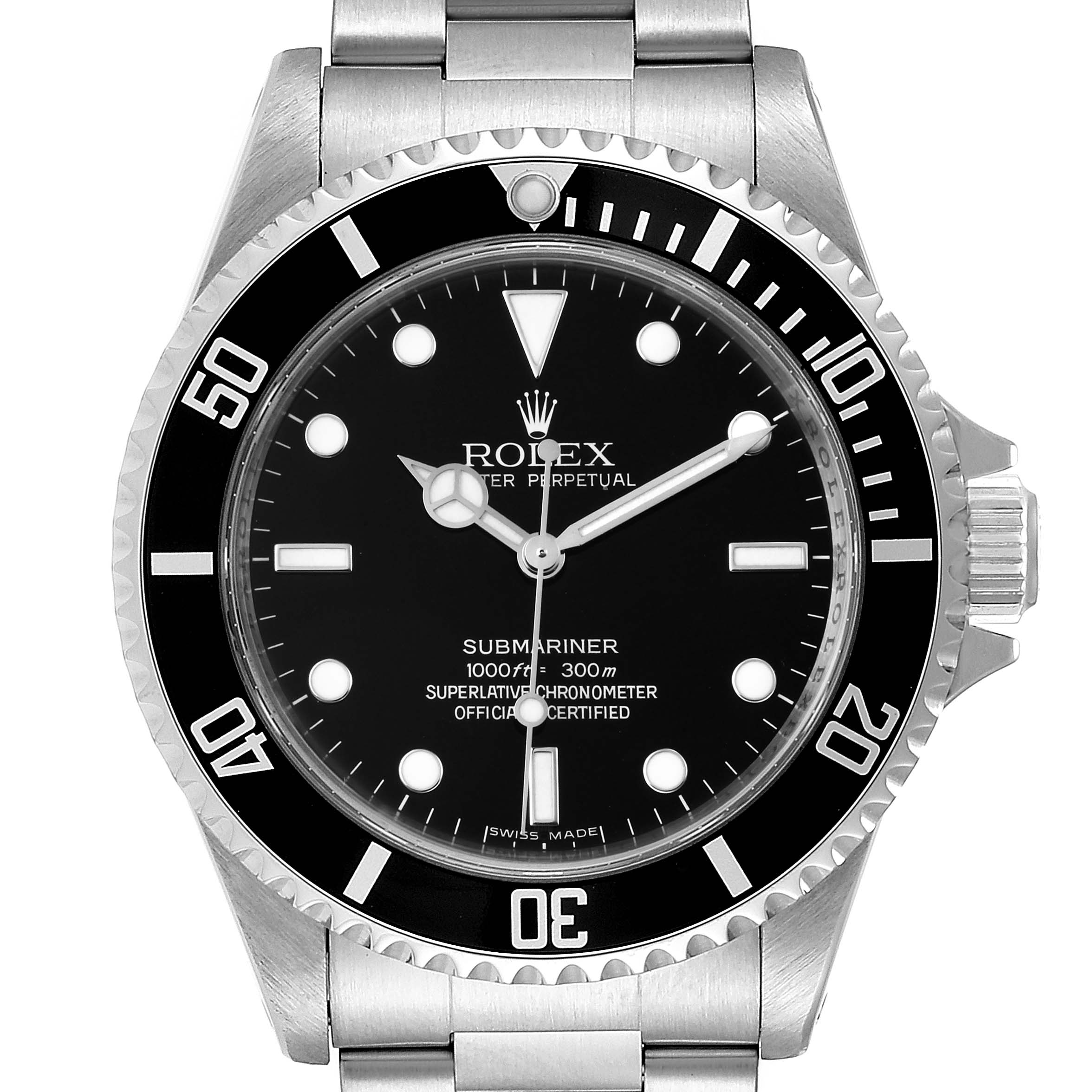 The image shows a front view of a Rolex Submariner 14060M Men
s Stainless Steel Black Dial 14060M Men
s Stainless Steel Black Dial watch, highlighting the dial, bezel, and part of the stainless steel bracelet.