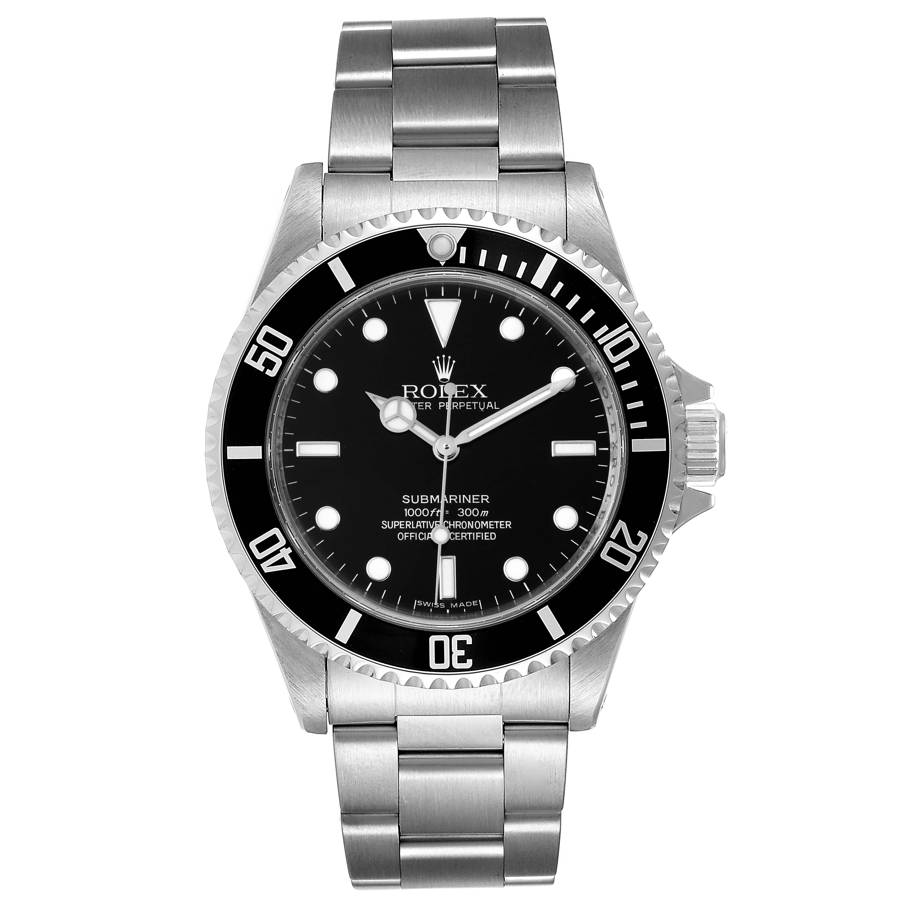 This image shows a front view of a Rolex Submariner 14060M Men
s Stainless Steel Black Dial 14060M Men
s Stainless Steel Black Dial watch, highlighting the dial, bezel, and bracelet.