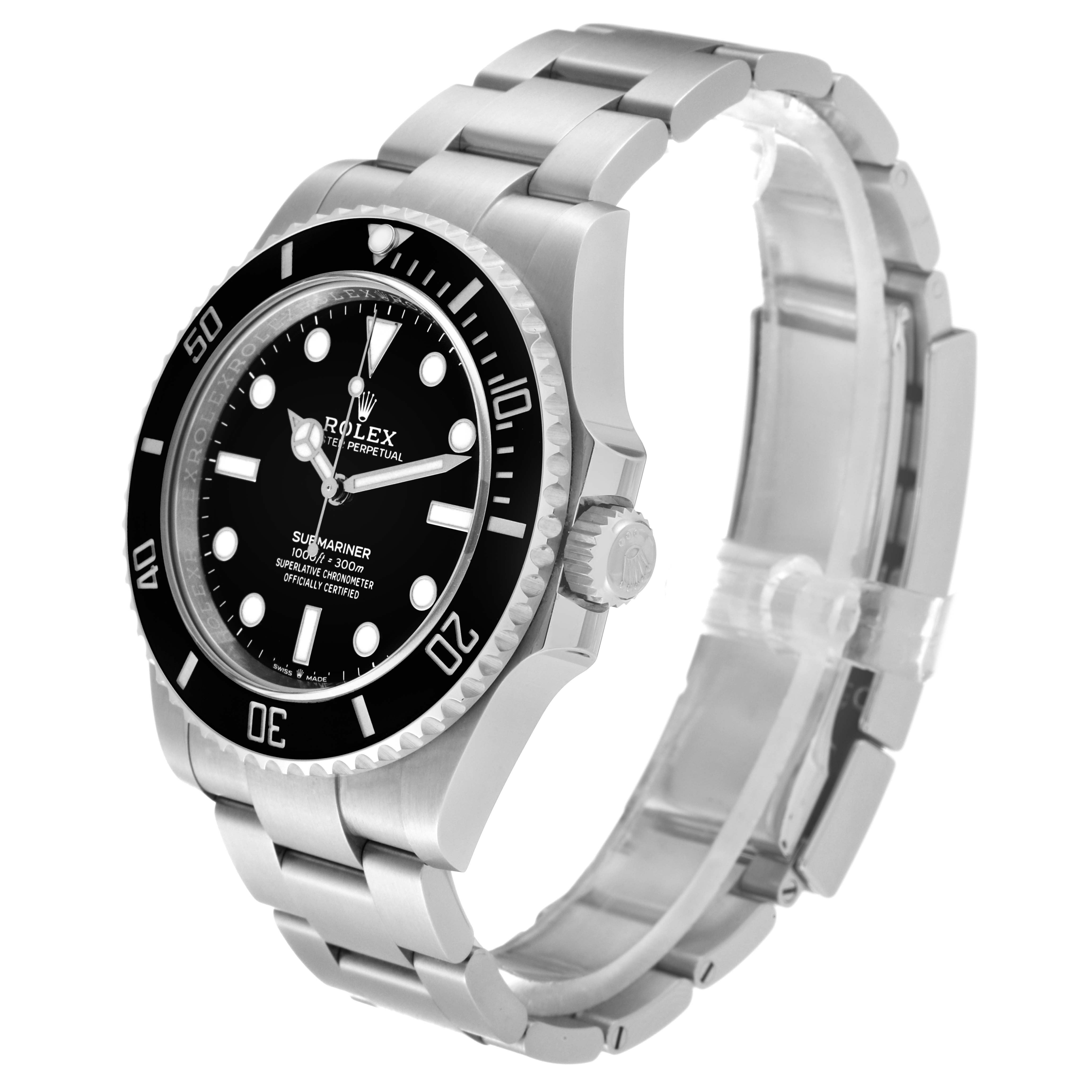 The image shows a side angle of a Rolex Submariner 124060 Men
s Stainless Steel Black Dial 124060 Men
s Stainless Steel Black Dial watch, displaying the face, bezel, crown, and partially opened metal bracelet.