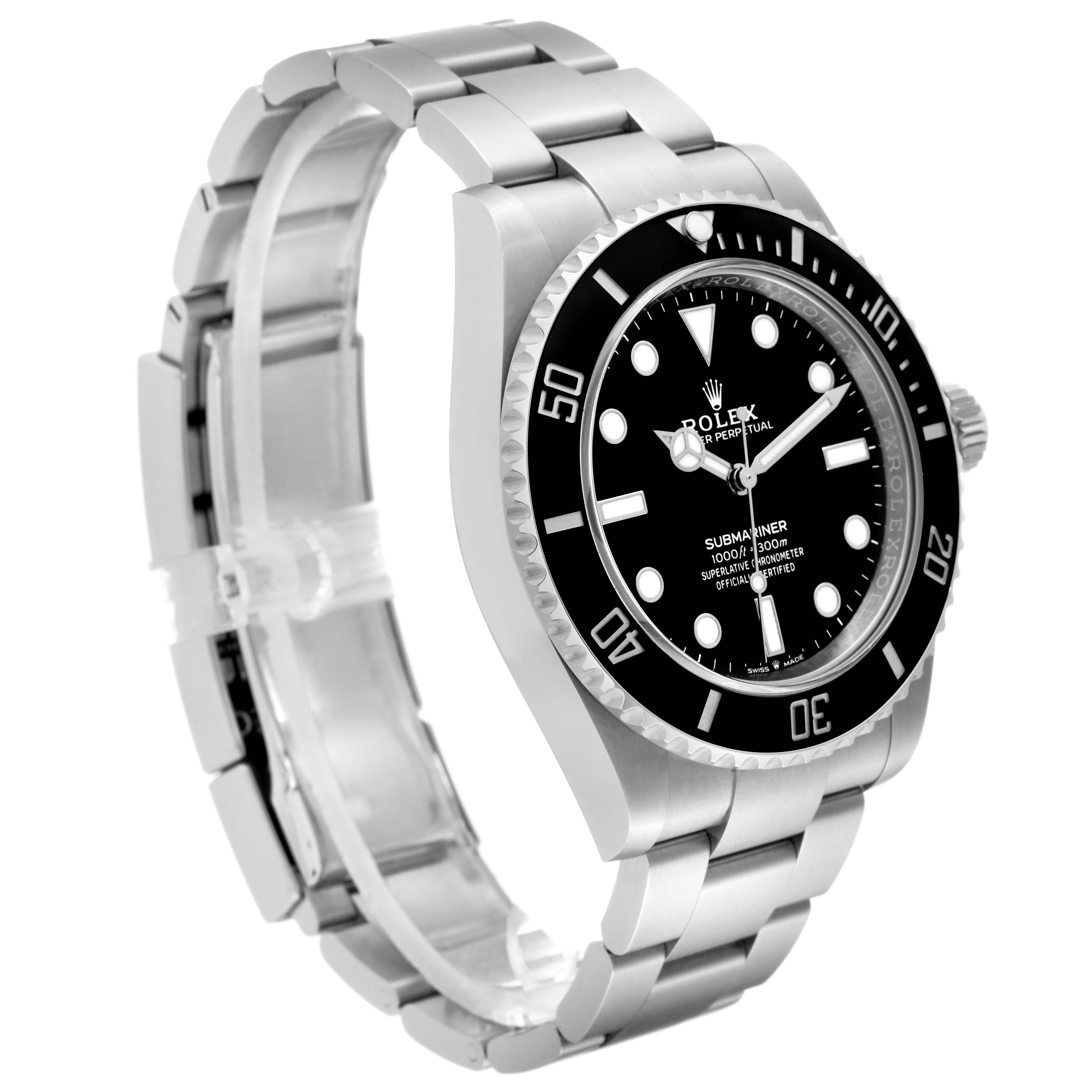 The image shows a side-angle view of a Rolex Submariner 124060 Men
s Stainless Steel Black Dial 124060 Men
s Stainless Steel Black Dial, highlighting the bezel, dial, and bracelet.