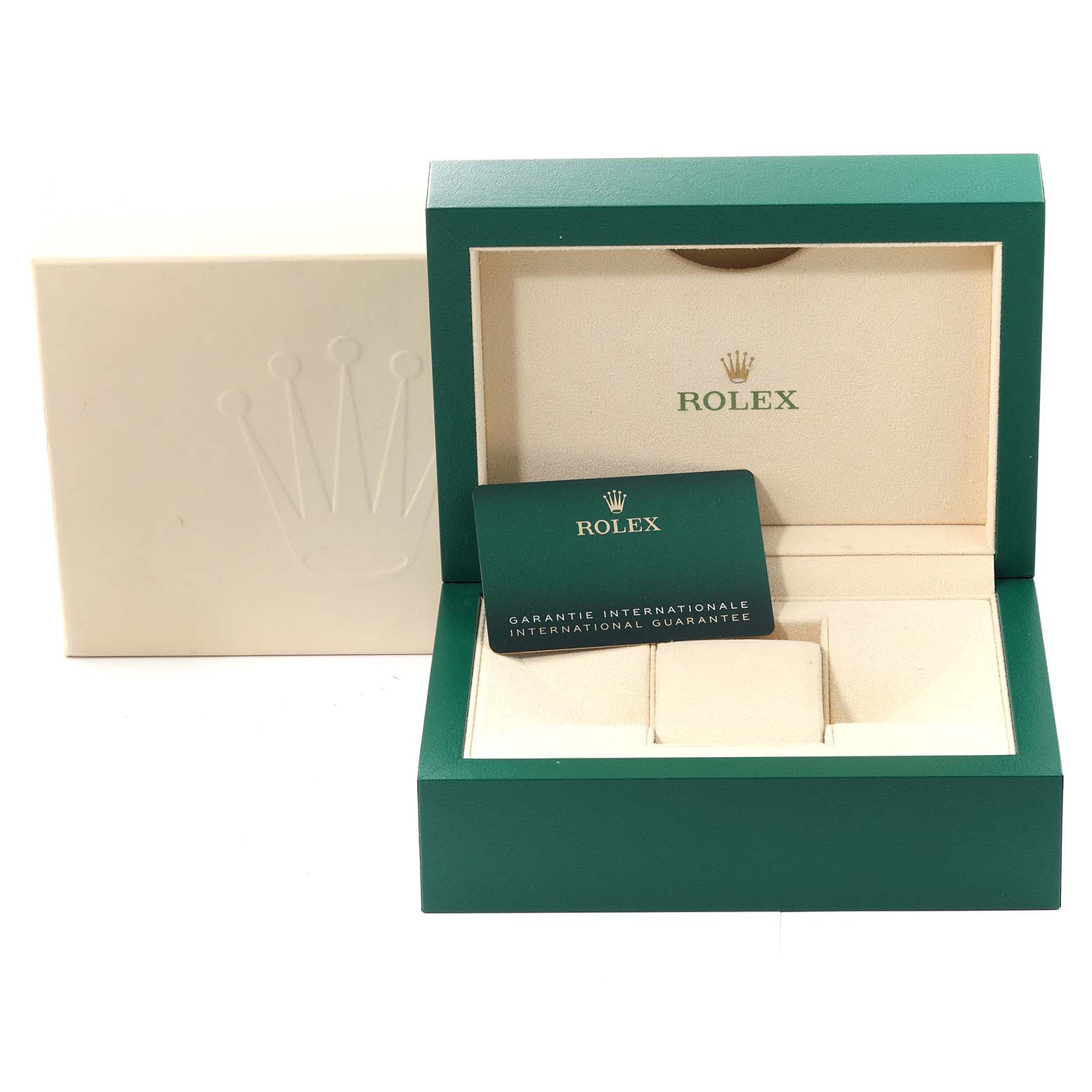 This image shows the open box and the international guarantee card of a Rolex Submariner 124060 Men
s Stainless Steel Black Dial 124060 Men
s Stainless Steel Black Dial watch.