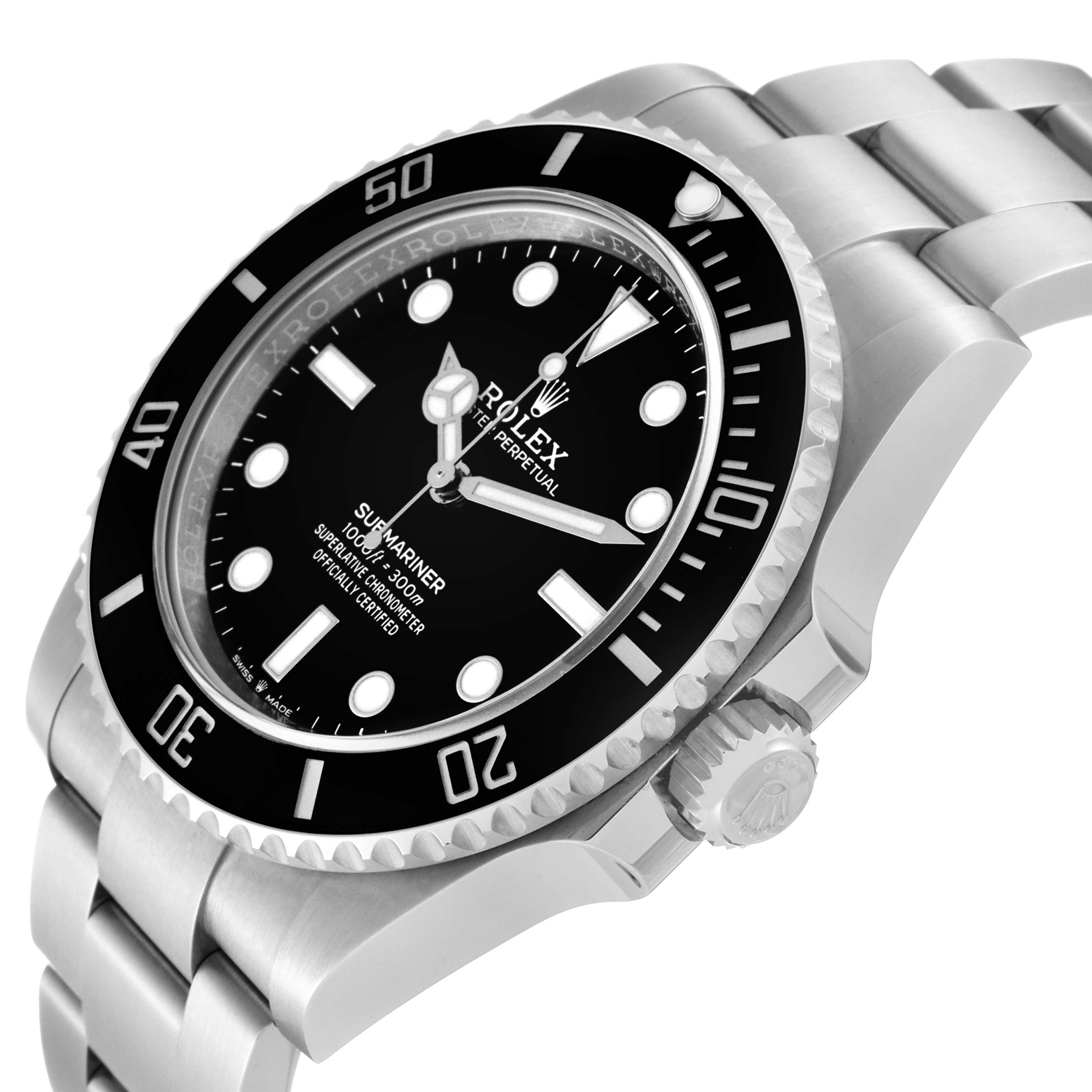 The image shows a Rolex Submariner 124060 Men
s Stainless Steel Black Dial 124060 Men
s Stainless Steel Black Dial watch at a low three-quarter angle, highlighting the bezel, crown, and part of the bracelet.