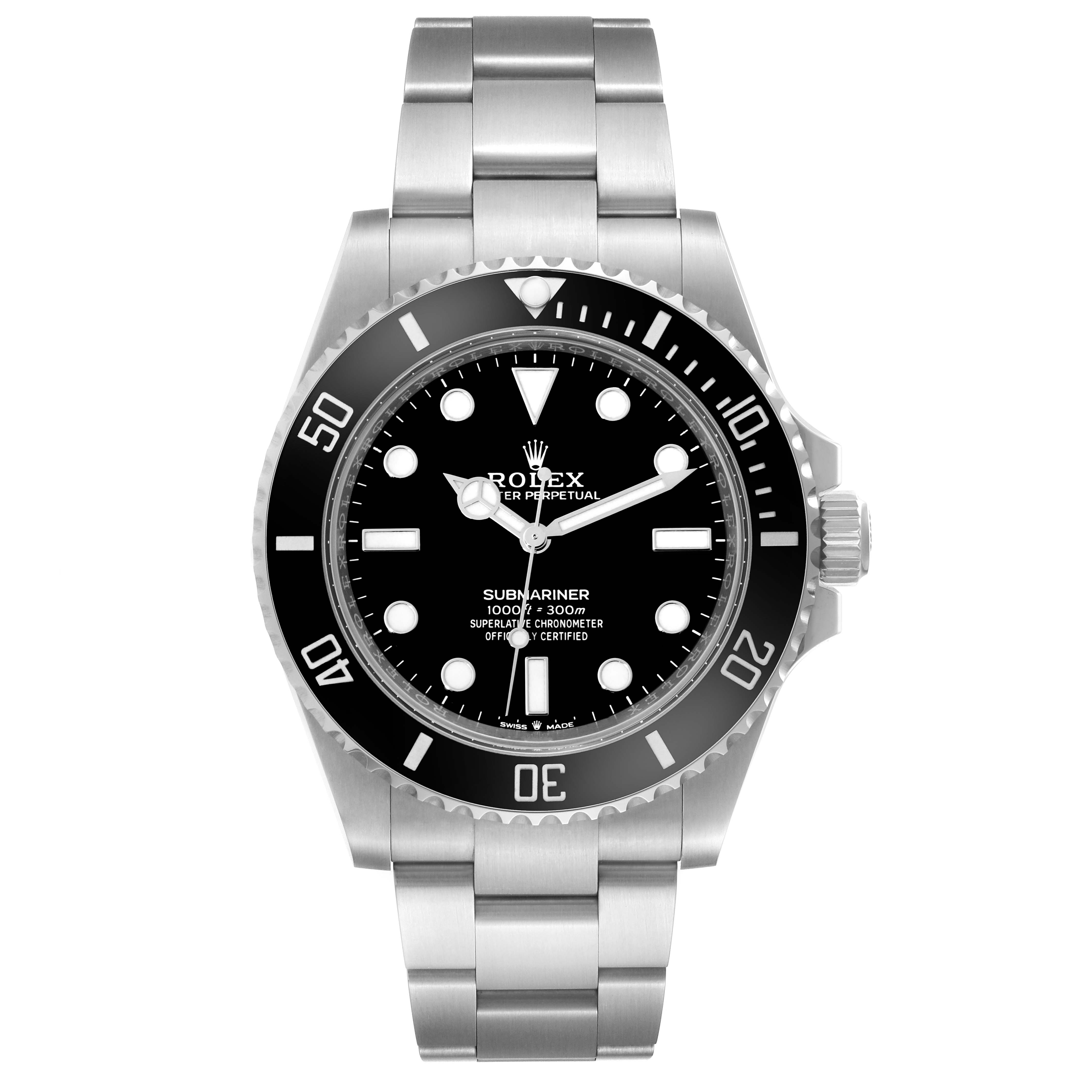 The image shows a front view of the Rolex Submariner 124060 Men
s Stainless Steel Black Dial 124060 Men
s Stainless Steel Black Dial watch, highlighting its dial, bezel, and stainless steel bracelet.