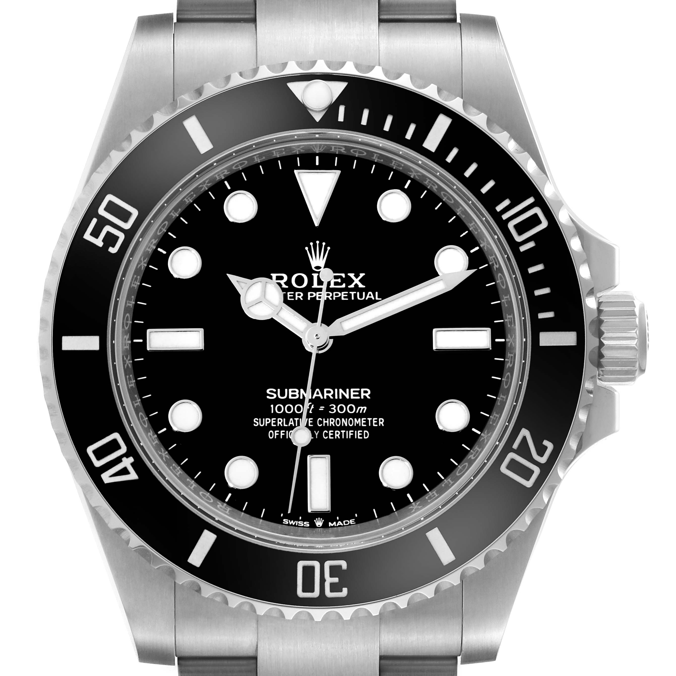 This shows a front view of Rolex Submariner 124060 Men
s Stainless Steel Black Dial 124060 Men
s Stainless Steel Black Dial, displaying the face, bezel, and part of the bracelet.