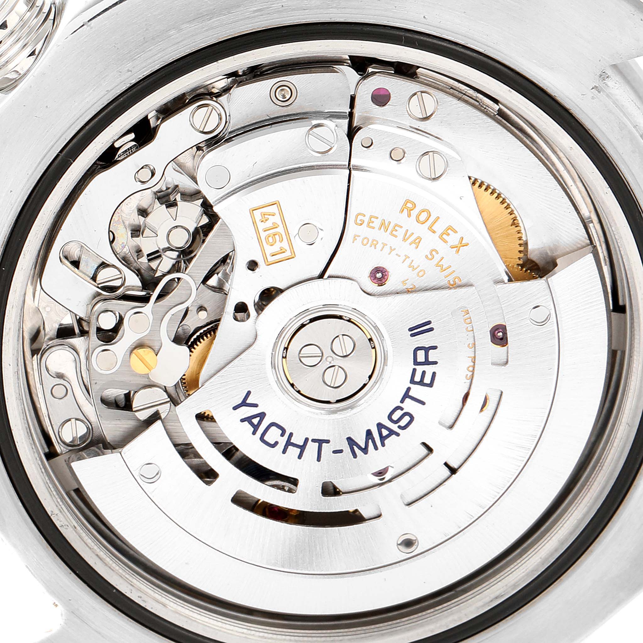 This is a close-up view of the inner mechanics of a Rolex Yacht-Master 116680 Men's Stainless Steel White Dial 116680 Men's Stainless Steel White Dial watch.