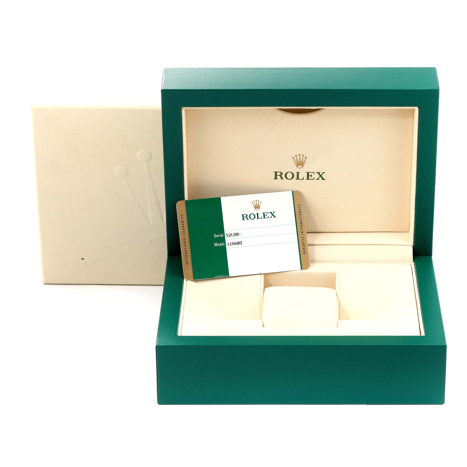The image shows a green Rolex box and a warranty card for the Yacht-Master model, with the watch box open.