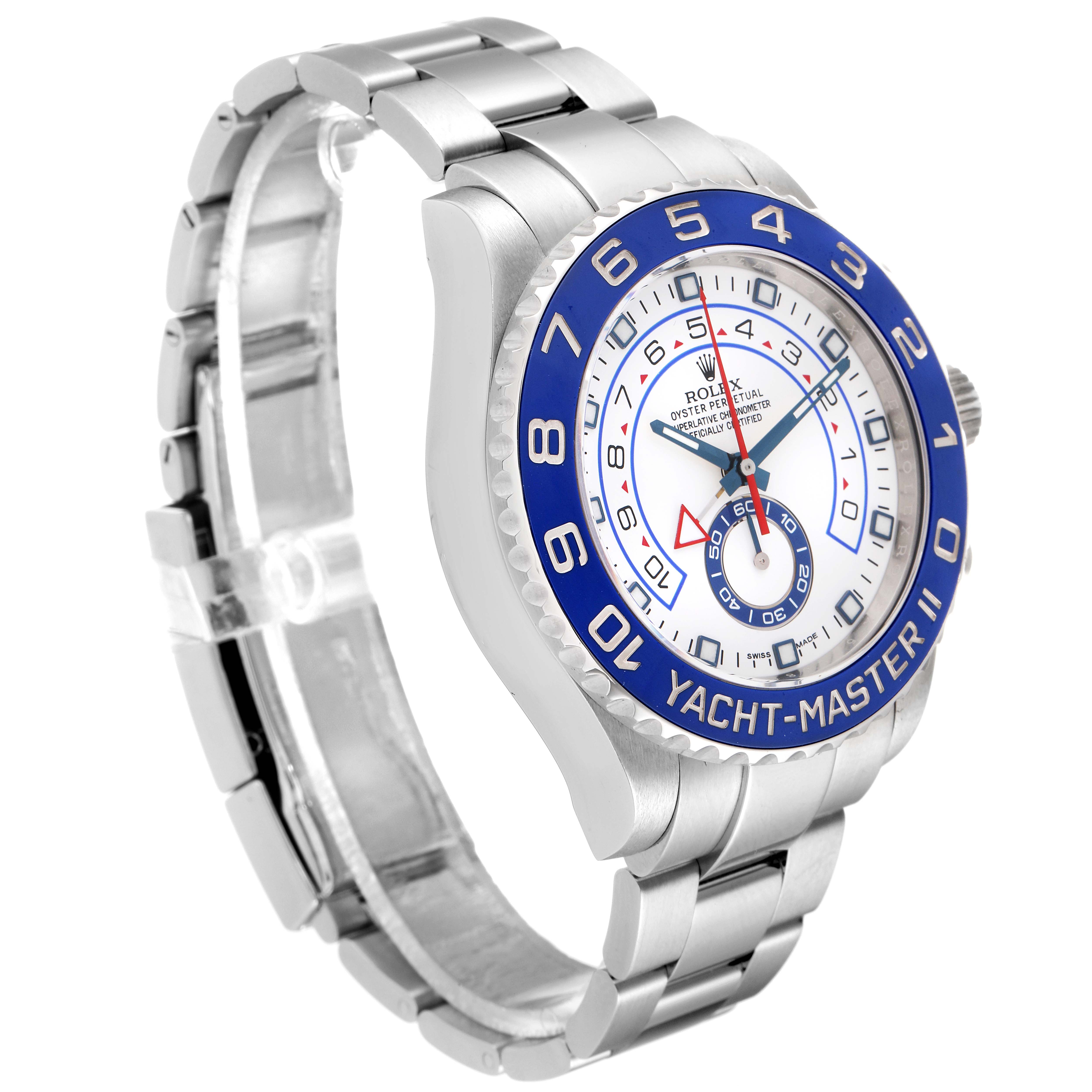 The image shows a Rolex Yacht-Master 116680 Men's Stainless Steel White Dial 116680 Men's Stainless Steel White Dial watch from an angled side view highlighting its face, bezel, and bracelet.