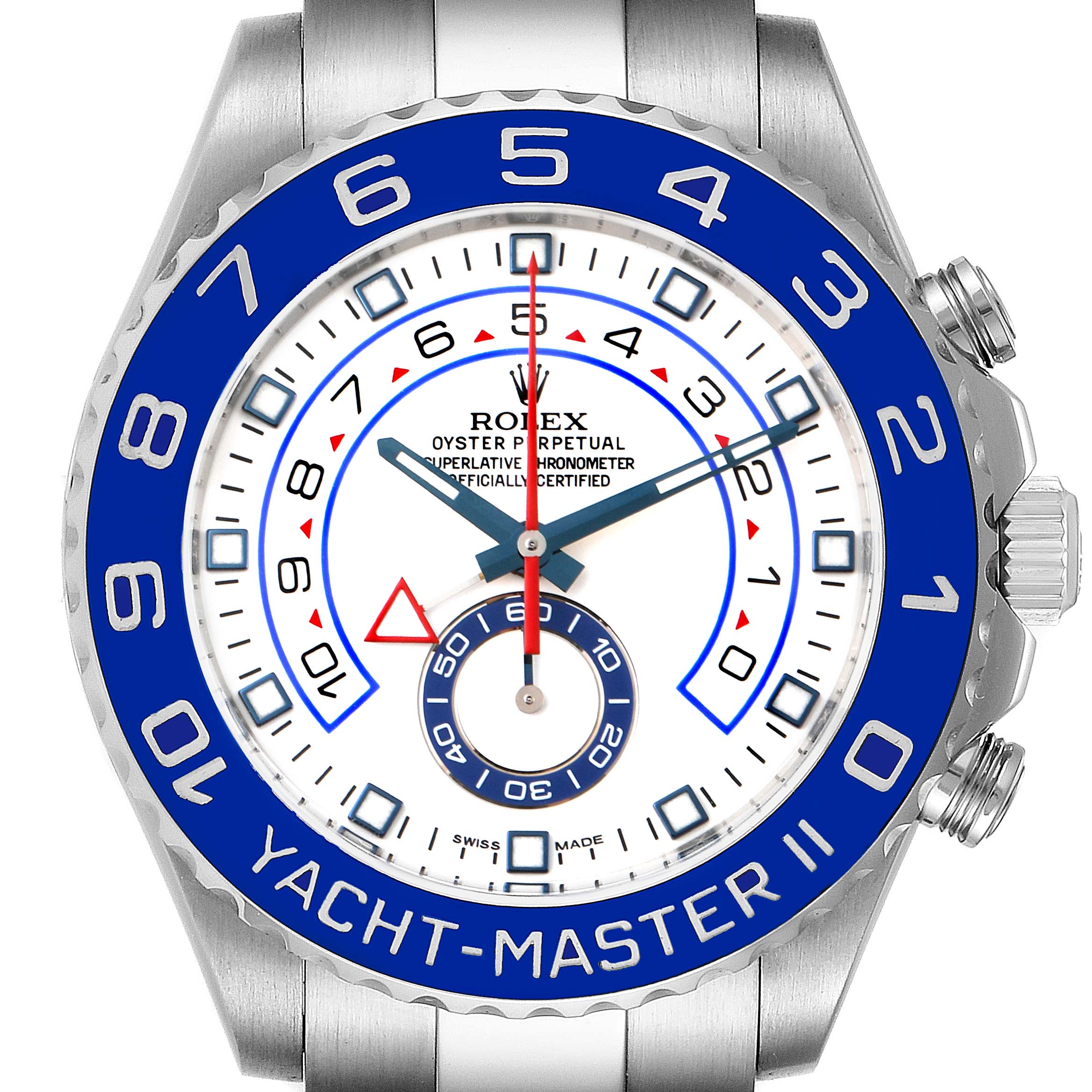 The image shows a head-on view of the Rolex Yacht-Master 116680 Men's Stainless Steel White Dial 116680 Men's Stainless Steel White Dial II watch, highlighting its face, bezel, and part of the bracelet.