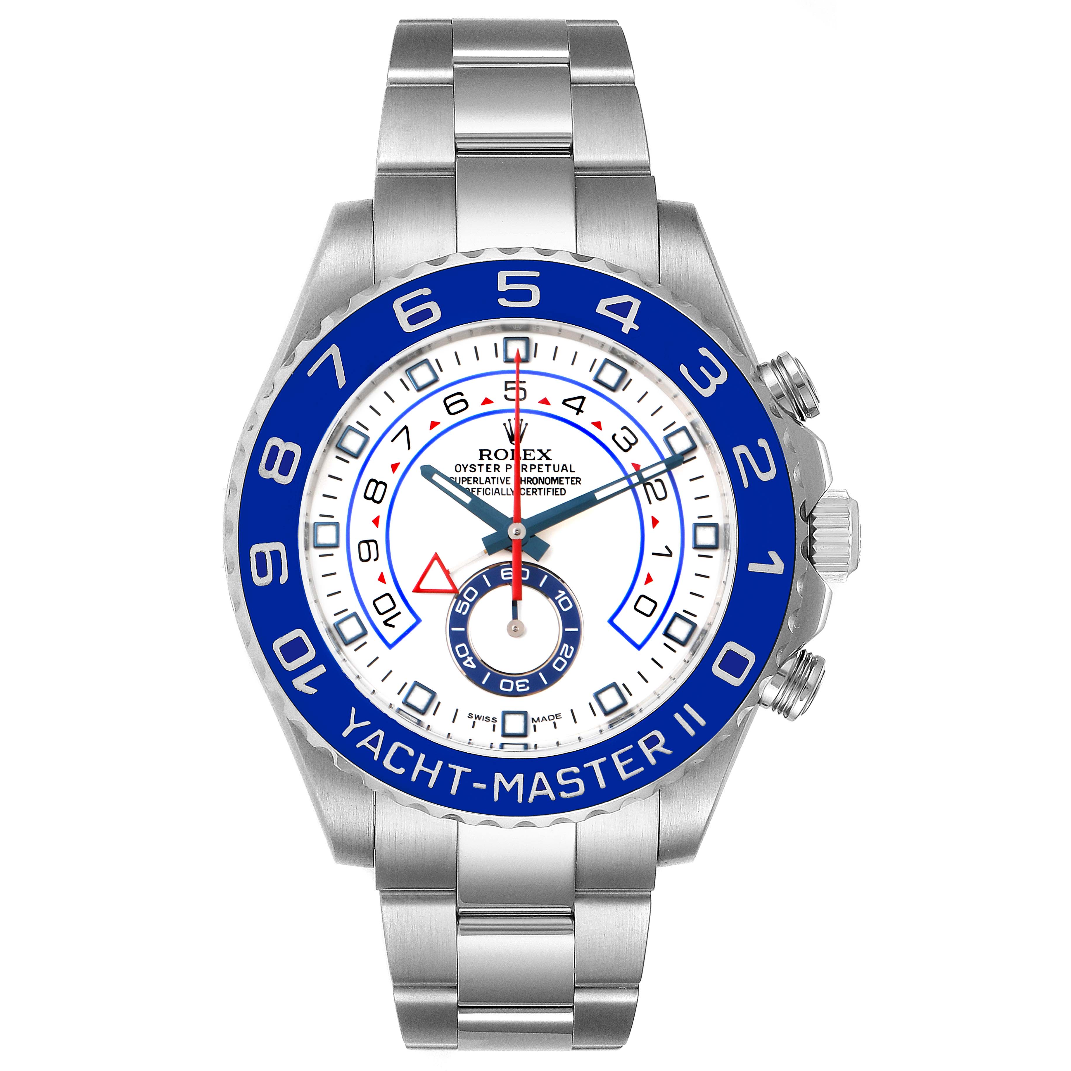 The image shows a front view of the Rolex Yacht-Master 116680 Men's Stainless Steel White Dial 116680 Men's Stainless Steel White Dial II watch, highlighting the face, bezel, and bracelet.