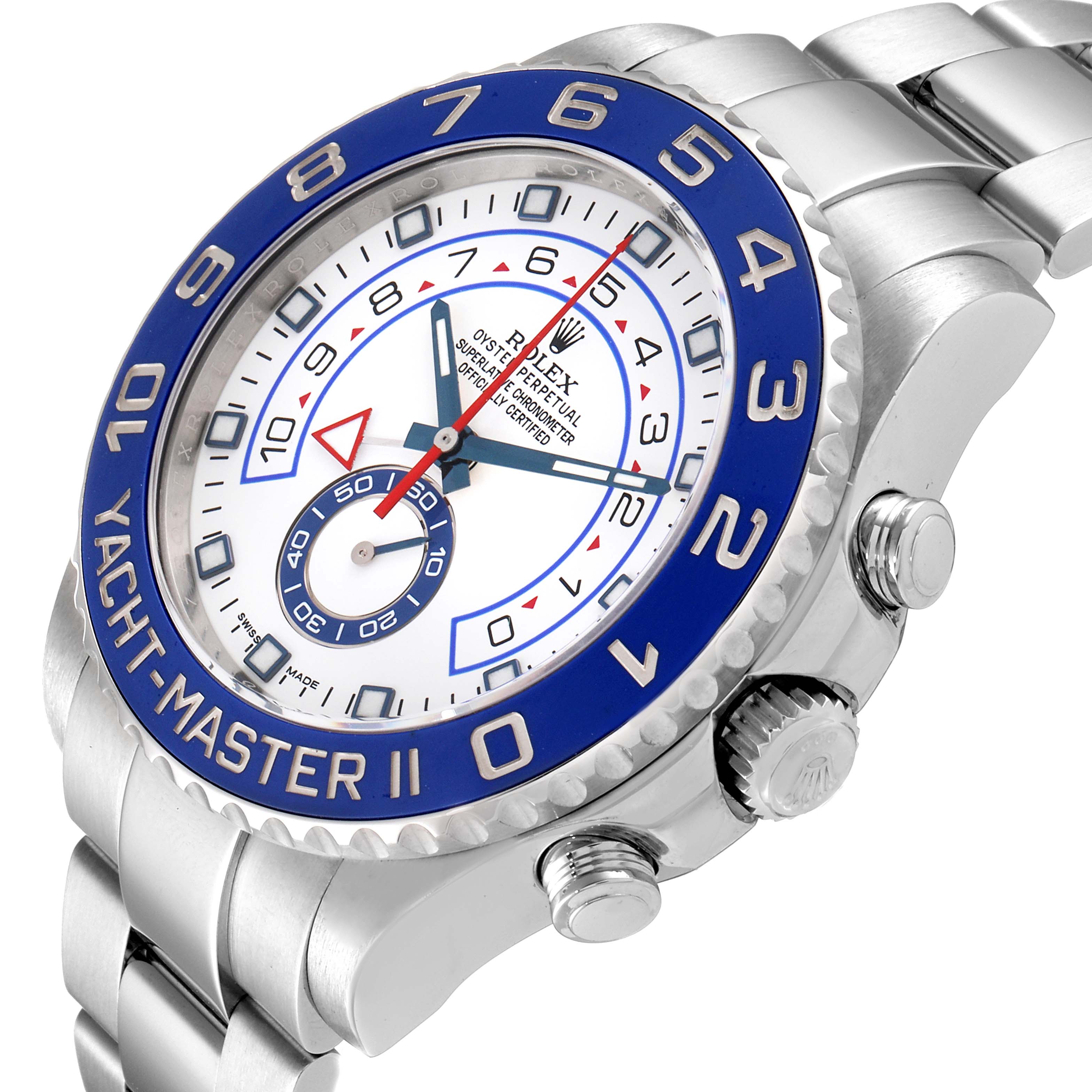 The Rolex Yacht-Master 116680 Men's Stainless Steel White Dial 116680 Men's Stainless Steel White Dial watch is shown at an oblique angle displaying its face, bezel, crown, and part of the bracelet.