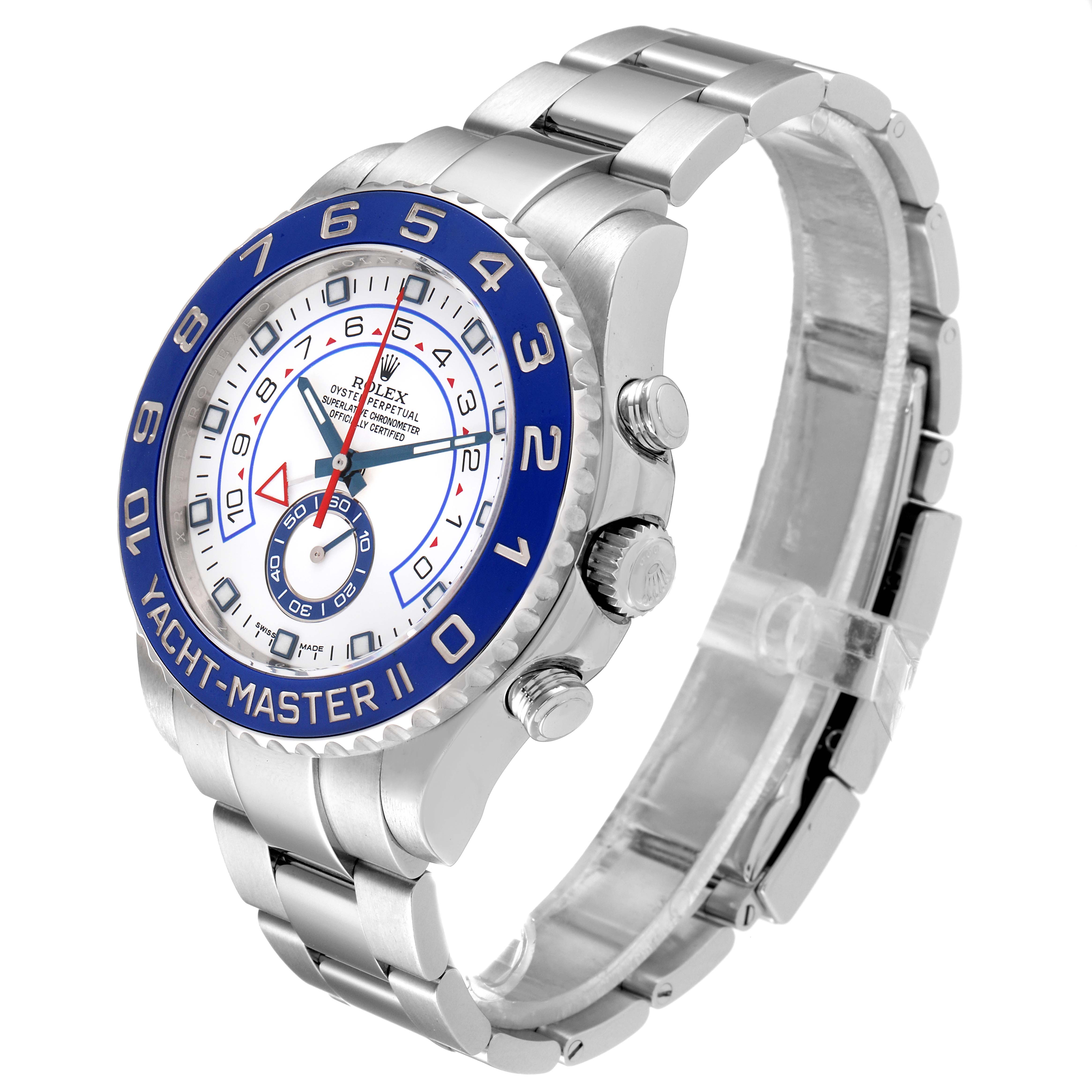 This Rolex Yacht-Master 116680 Men's Stainless Steel White Dial 116680 Men's Stainless Steel White Dial II watch is shown from a three-quarter angle, featuring its bezel, crown, pushers, and bracelet.