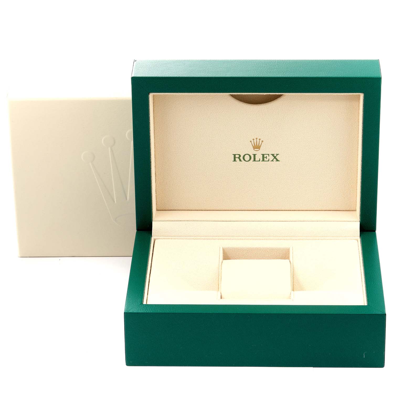 The image shows an open, empty, green and beige Rolex watch box for the Yacht-Master model viewed from the front.