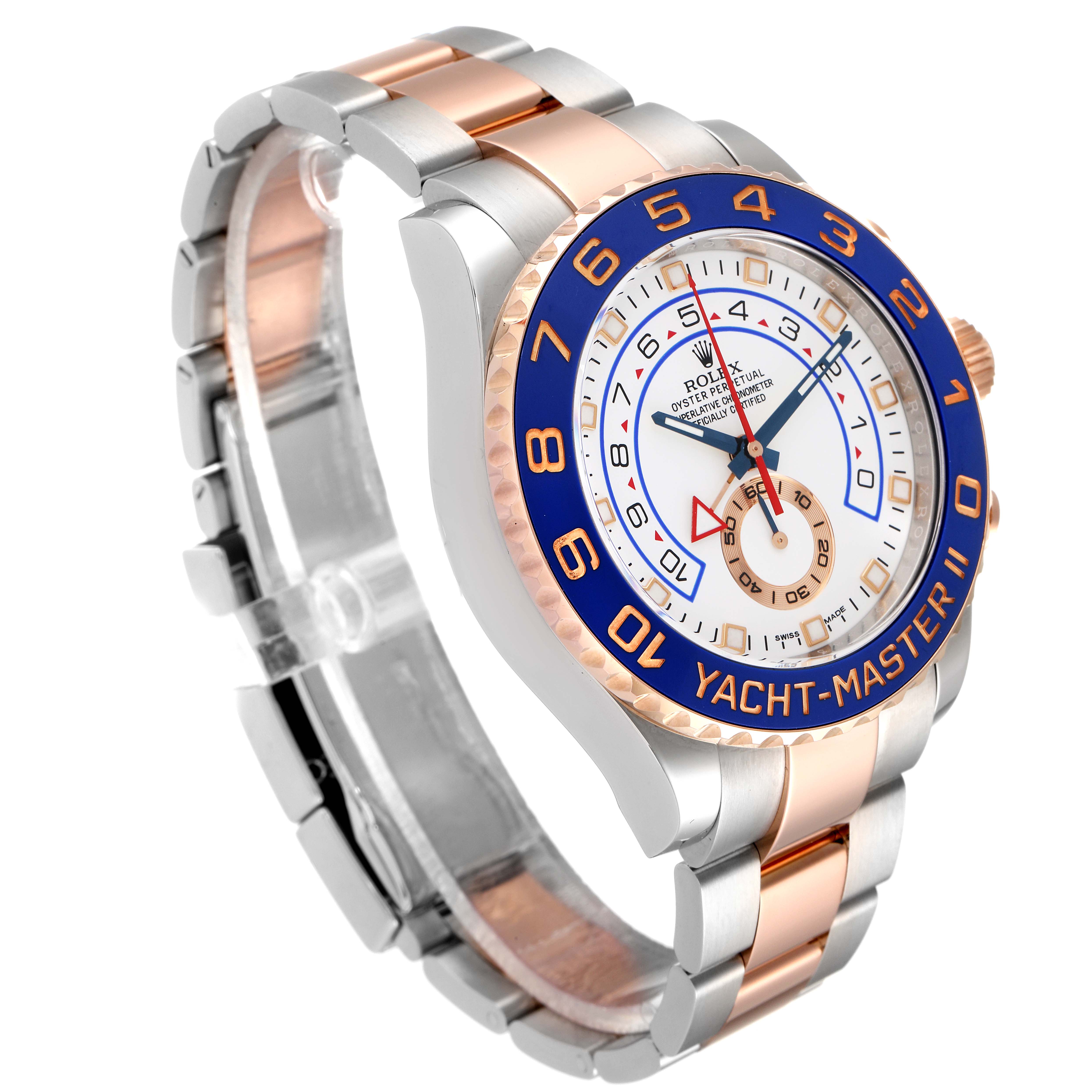 The Rolex Yacht-Master 116681 Men's Steel and Gold (two tone) White Dial 116681 Men's Steel and Gold (two tone) White Dial watch is shown from a front-left angle, highlighting its bezel, dial, and two-tone bracelet.