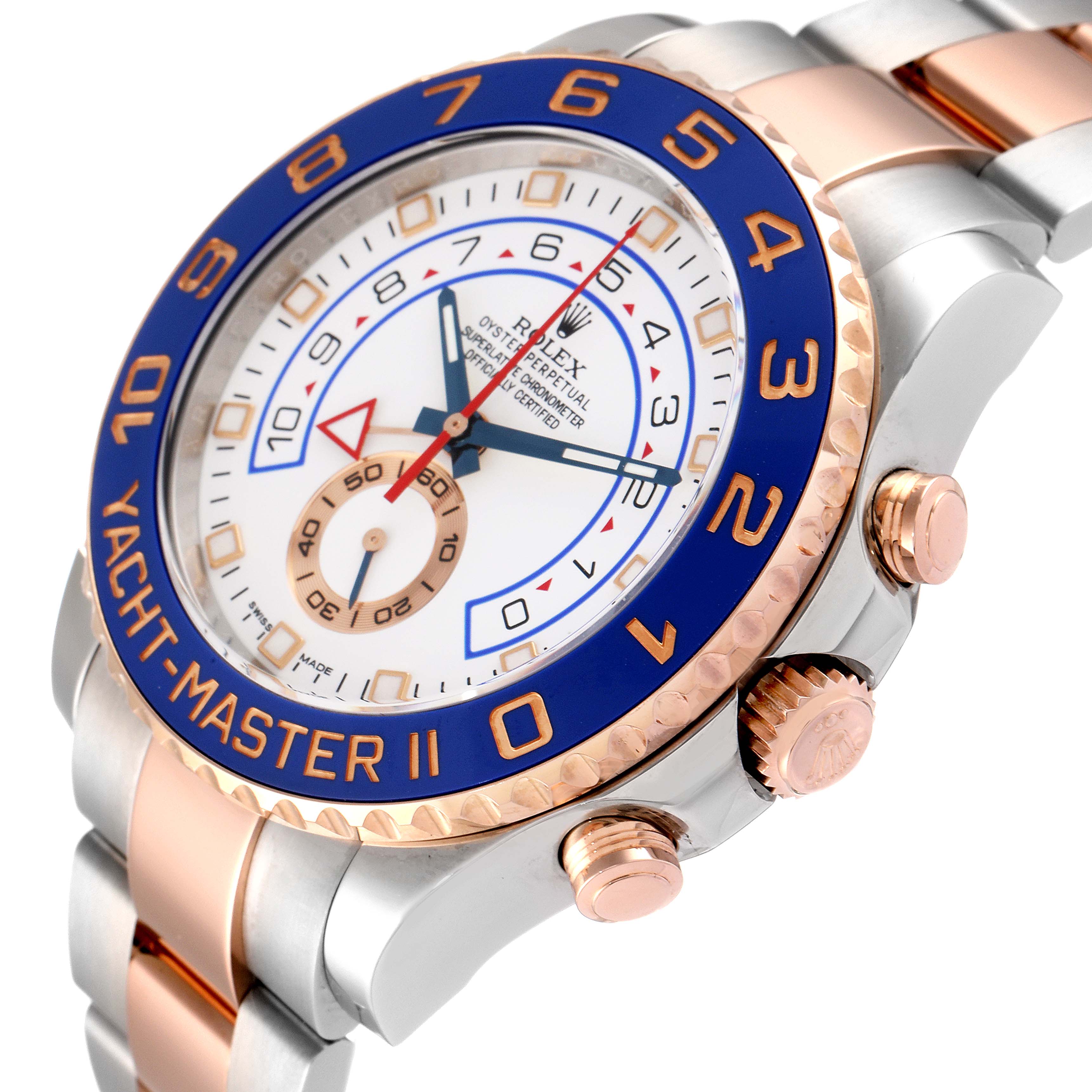 The image shows a Rolex Yacht-Master 116681 Men's Steel and Gold (two tone) White Dial 116681 Men's Steel and Gold (two tone) White Dial II watch at an angled view, highlighting the face, bezel, and crown.