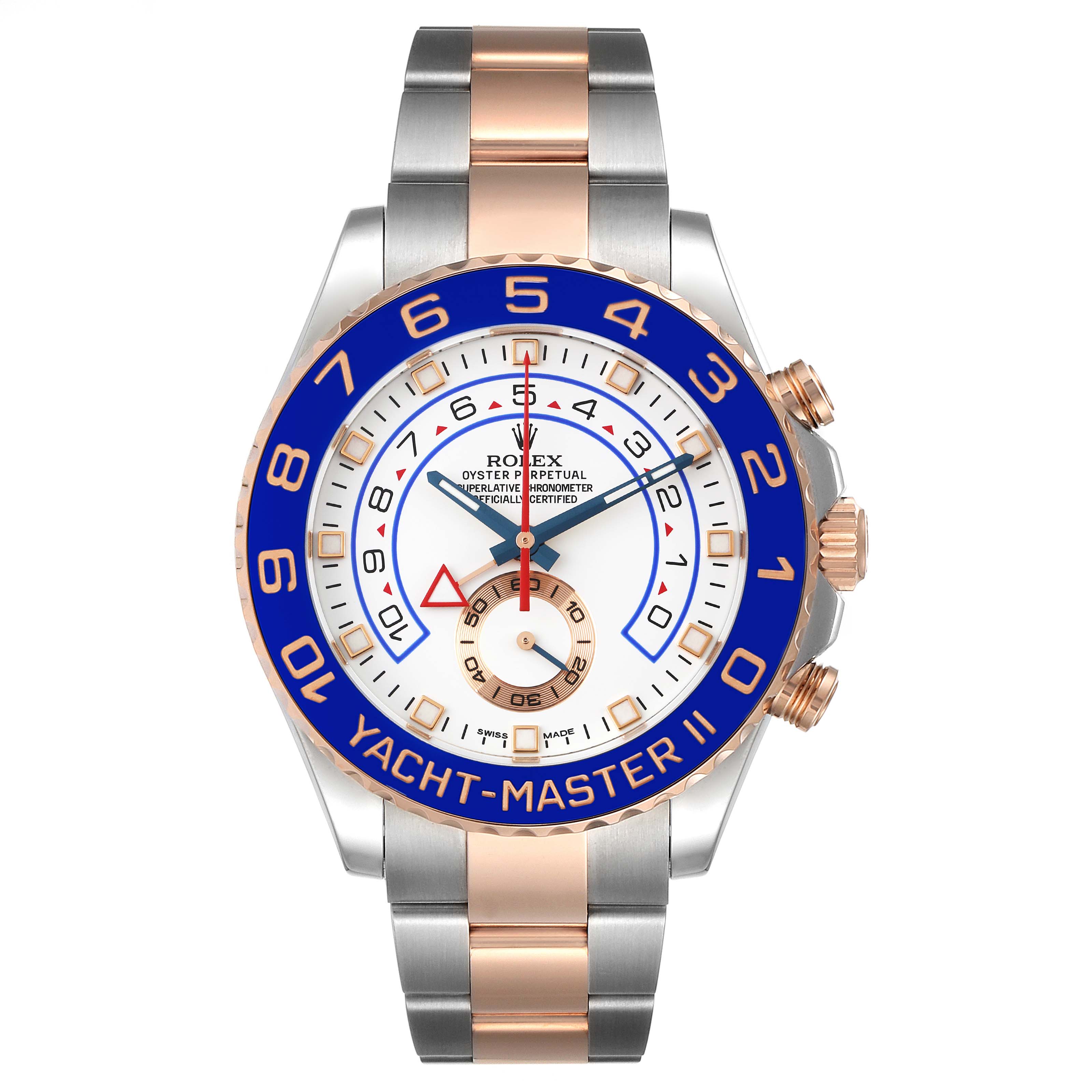This image shows a frontal view of a Rolex Yacht-Master 116681 Men's Steel and Gold (two tone) White Dial 116681 Men's Steel and Gold (two tone) White Dial II watch, highlighting its face, bezel, and bracelet.
