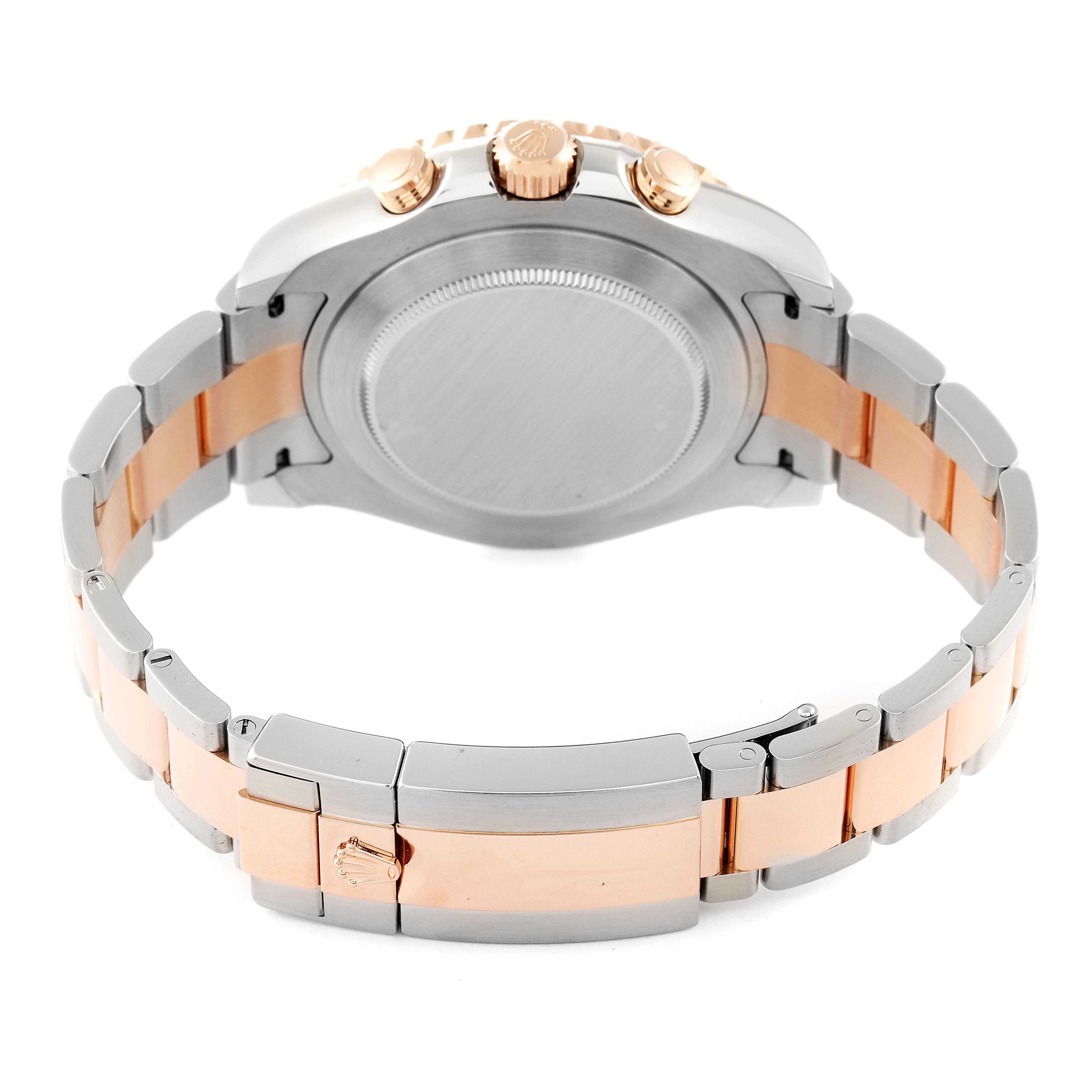 The image shows the back view of a Rolex Yacht-Master 116681 Men's Steel and Gold (two tone) White Dial 116681 Men's Steel and Gold (two tone) White Dial watch, highlighting its case back and bracelet with a two-tone design.