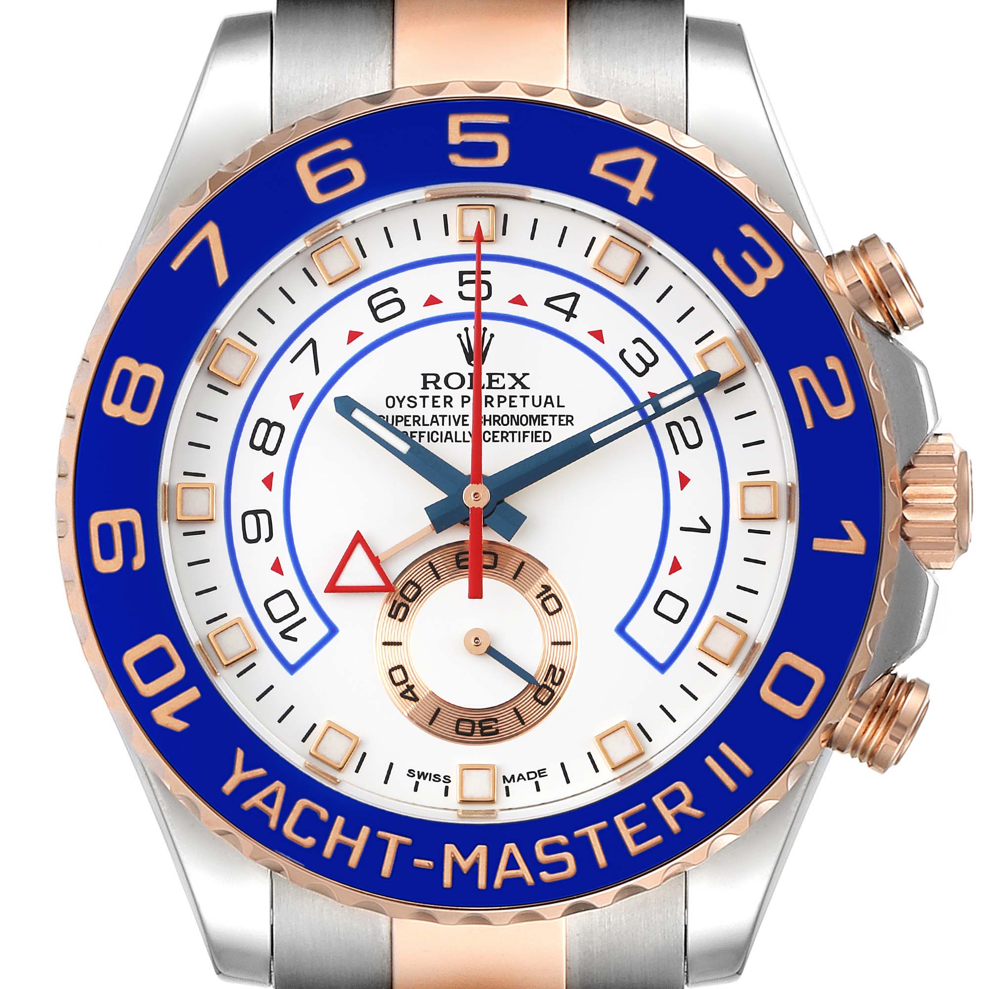 The image shows a close-up view of the face of a Rolex Yacht-Master 116681 Men's Steel and Gold (two tone) White Dial 116681 Men's Steel and Gold (two tone) White Dial II watch, highlighting the bezel, dial, and hands.