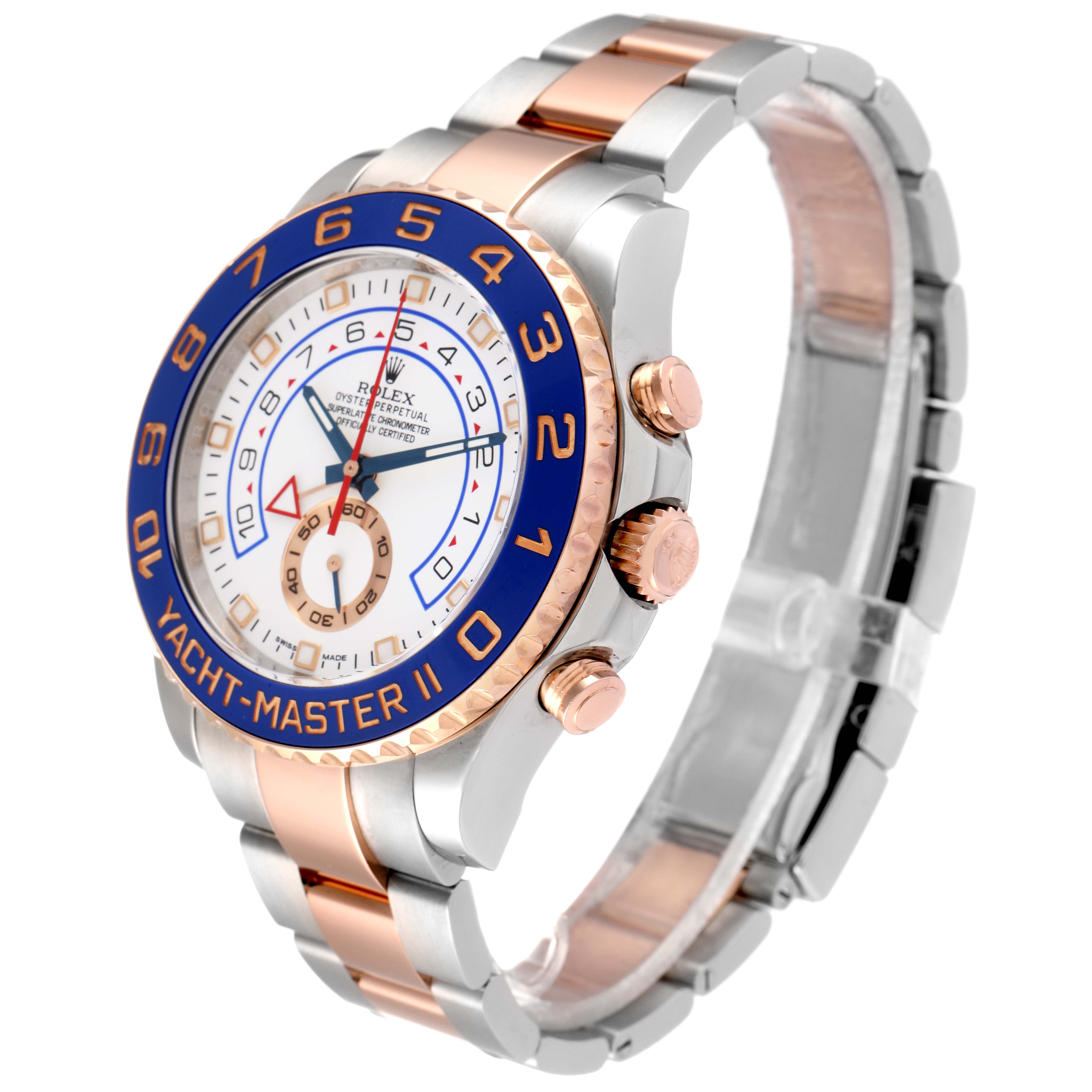 This image shows a Rolex Yacht-Master 116681 Men's Steel and Gold (two tone) White Dial 116681 Men's Steel and Gold (two tone) White Dial II watch from an angled side view, highlighting its dial, bezel, case, and bracelet.