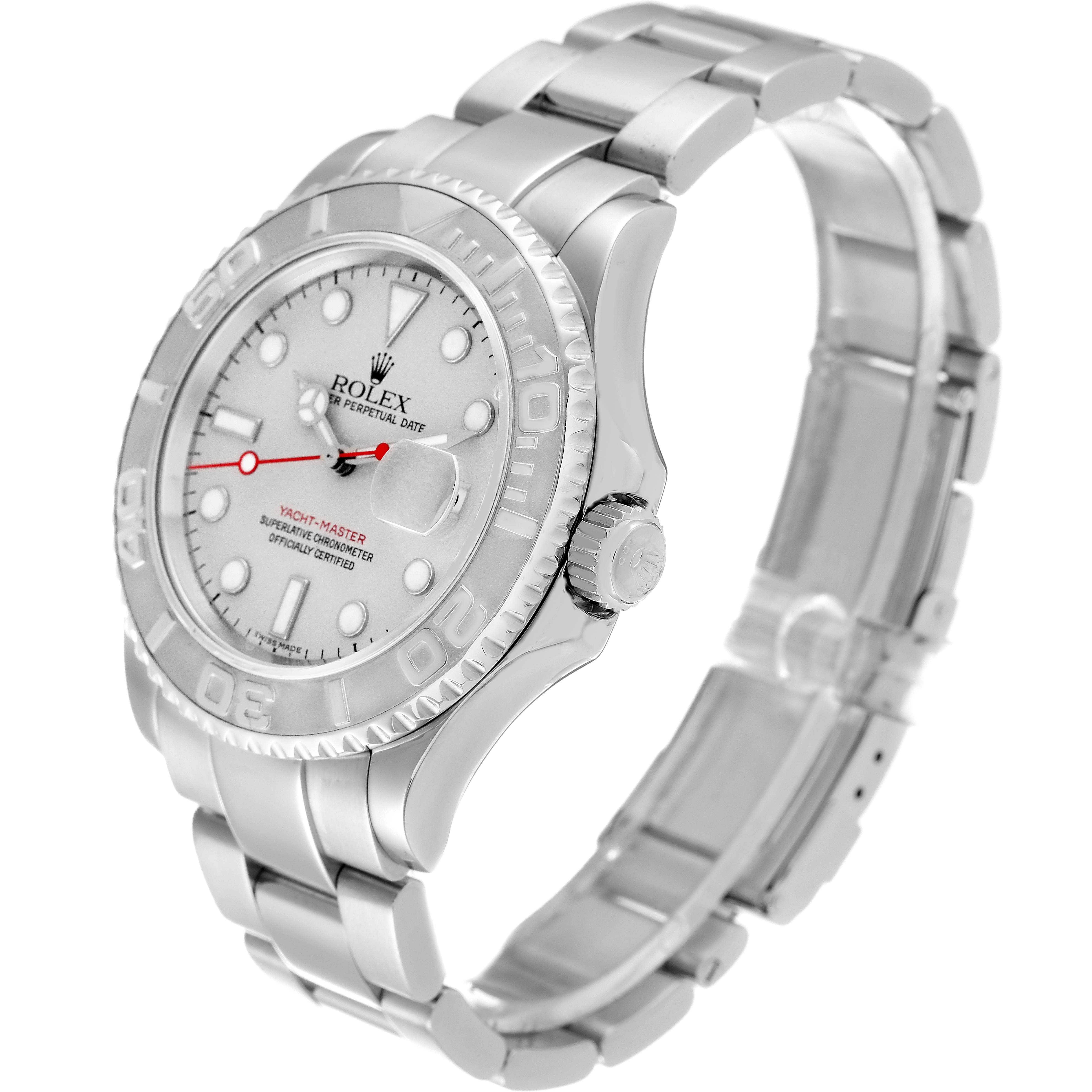 This image shows a side angled view of the Rolex Yacht-Master 16622 Men
s Stainless Steel Silver Dial 16622 Men
s Stainless Steel Silver Dial watch, displaying its face, bezel, crown, and bracelet.