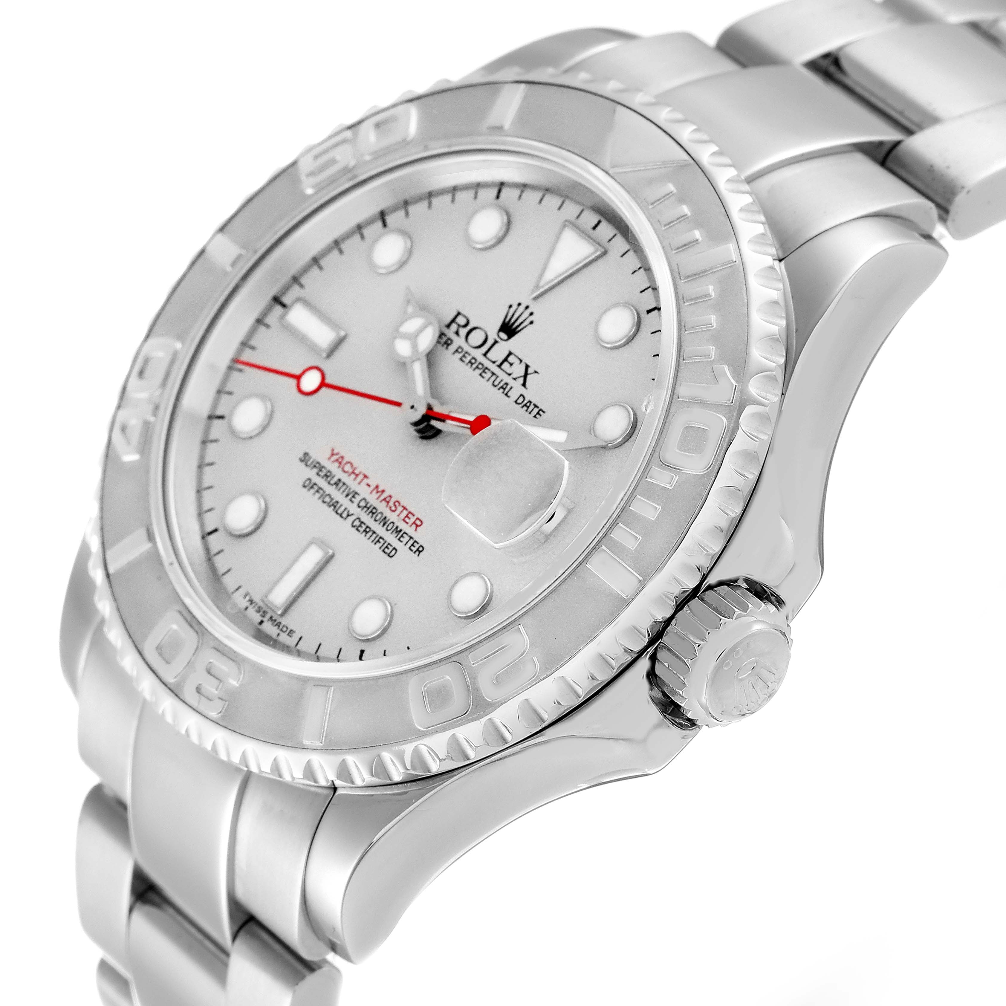 The Rolex Yacht-Master 16622 Men
s Stainless Steel Silver Dial 16622 Men
s Stainless Steel Silver Dial watch is shown at a slight angle, highlighting the dial, bezel, crown, and part of the bracelet.