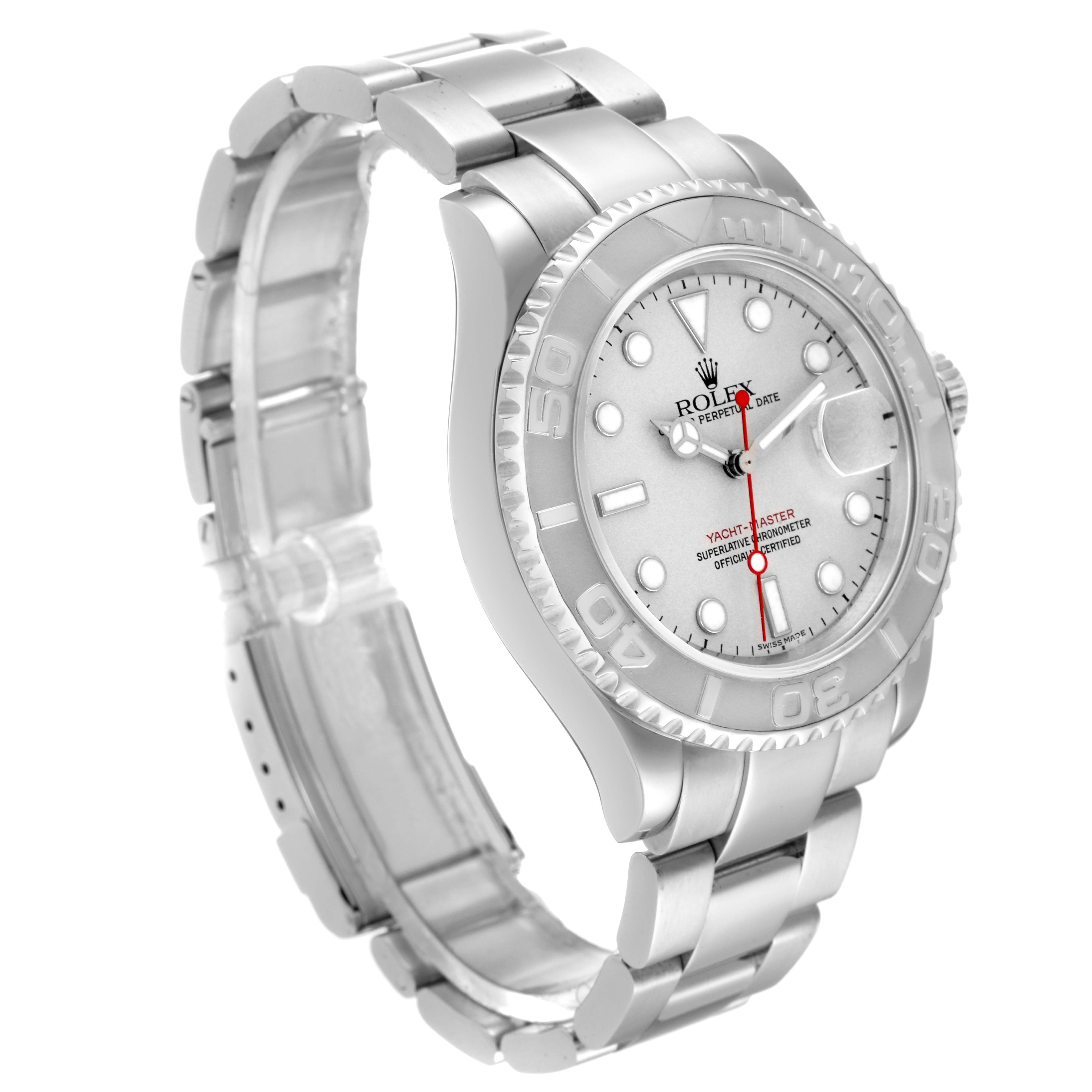 The image shows a Rolex Yacht-Master 16622 Men
s Stainless Steel Silver Dial 16622 Men
s Stainless Steel Silver Dial watch at a three-quarter angle, displaying its face, bezel, and bracelet.