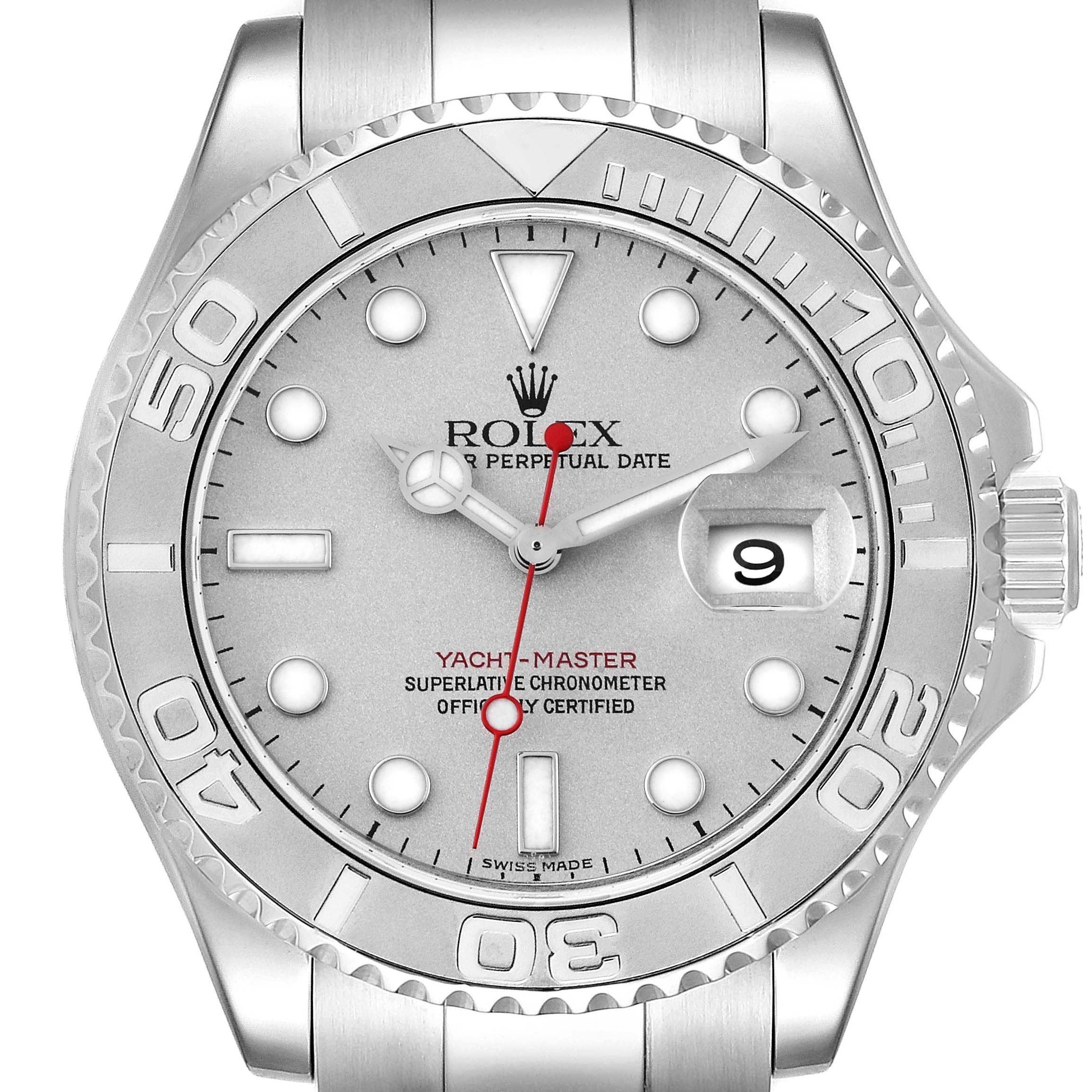 The image shows a front view of the Yacht-Master Rolex watch, highlighting its dial, bezel, hands, and crown.