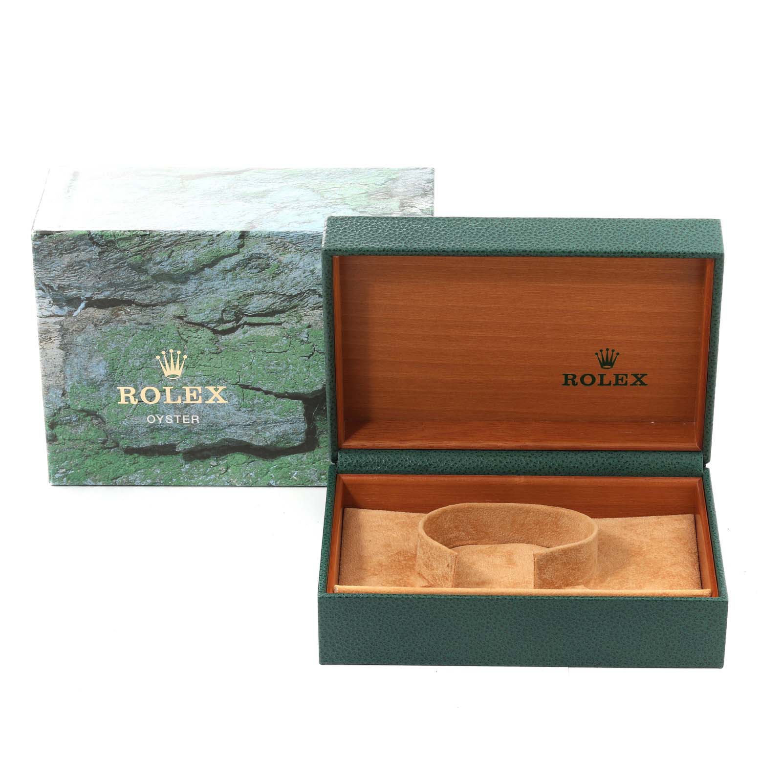 The image shows a Rolex Yacht-Master 16622 Men
s Stainless Steel Silver Dial 16622 Men
s Stainless Steel Silver Dial watch box and its outer green box with the Rolex logo.