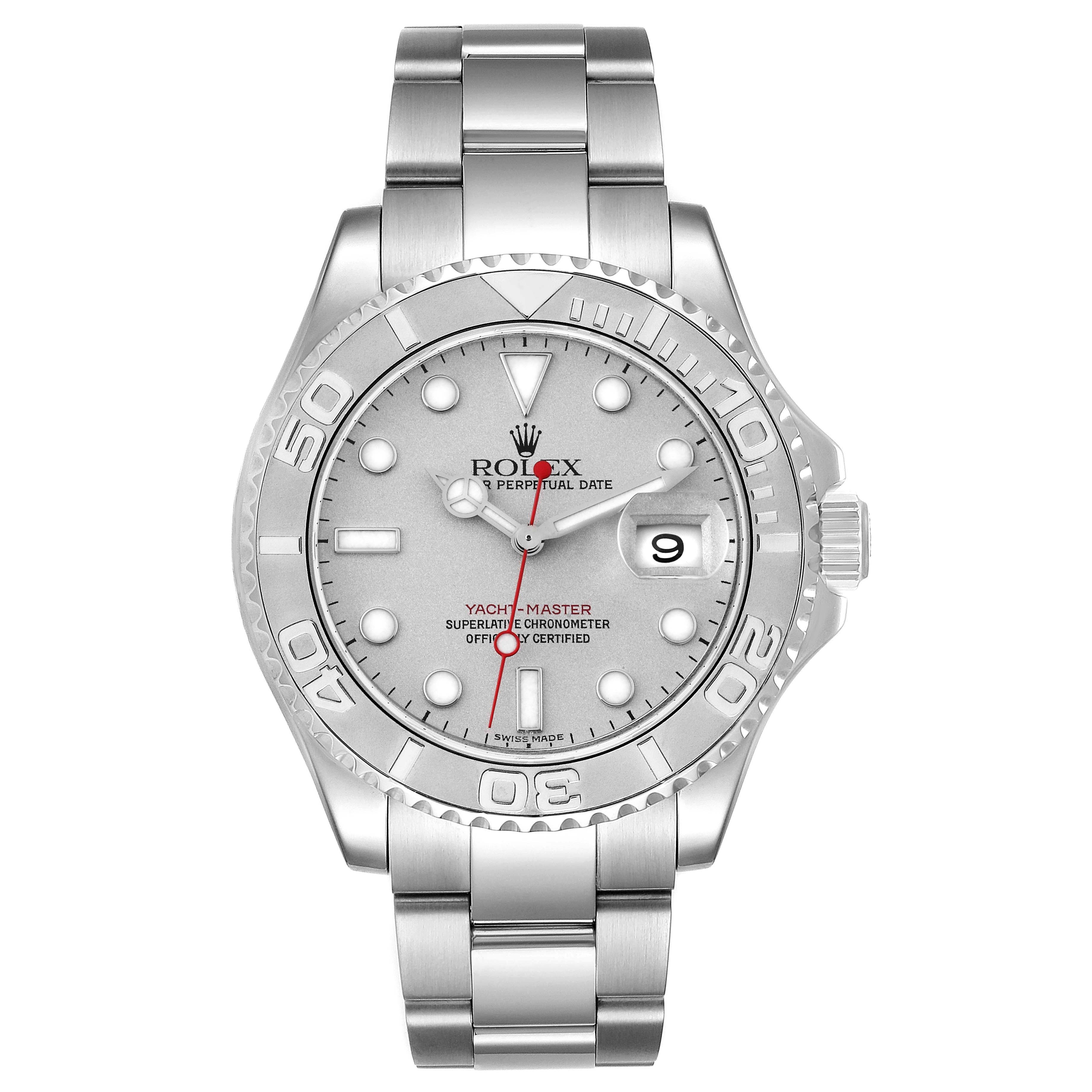The image shows a frontal view of the Rolex Yacht-Master 16622 Men
s Stainless Steel Silver Dial 16622 Men
s Stainless Steel Silver Dial watch, highlighting its dial, bezel, and metal bracelet.