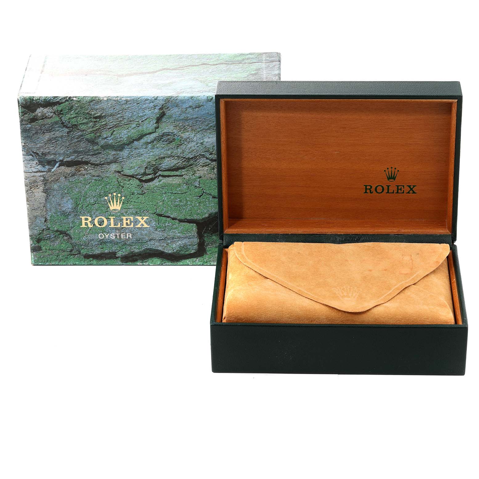 The image shows the packaging and case for a Rolex Yacht-Master 16622 Men
s Stainless Steel Silver Dial 16622 Men
s Stainless Steel Silver Dial watch, with a closed green outer box and an open wooden inner box.