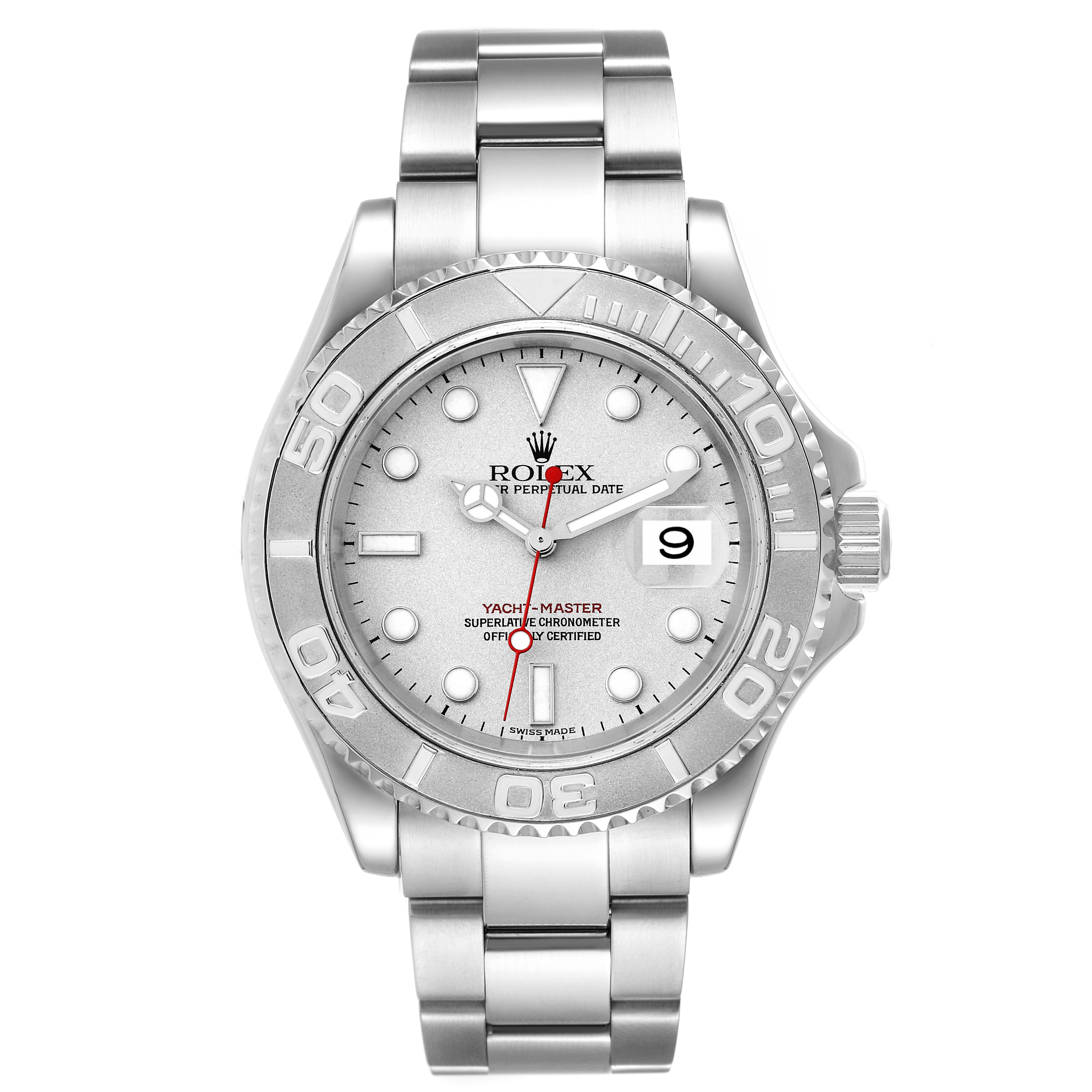 The image shows a front view of a Rolex Yacht-Master 16622 Men
s Stainless Steel Silver Dial 16622 Men
s Stainless Steel Silver Dial watch, displaying the face, bracelet, bezel, and crown.