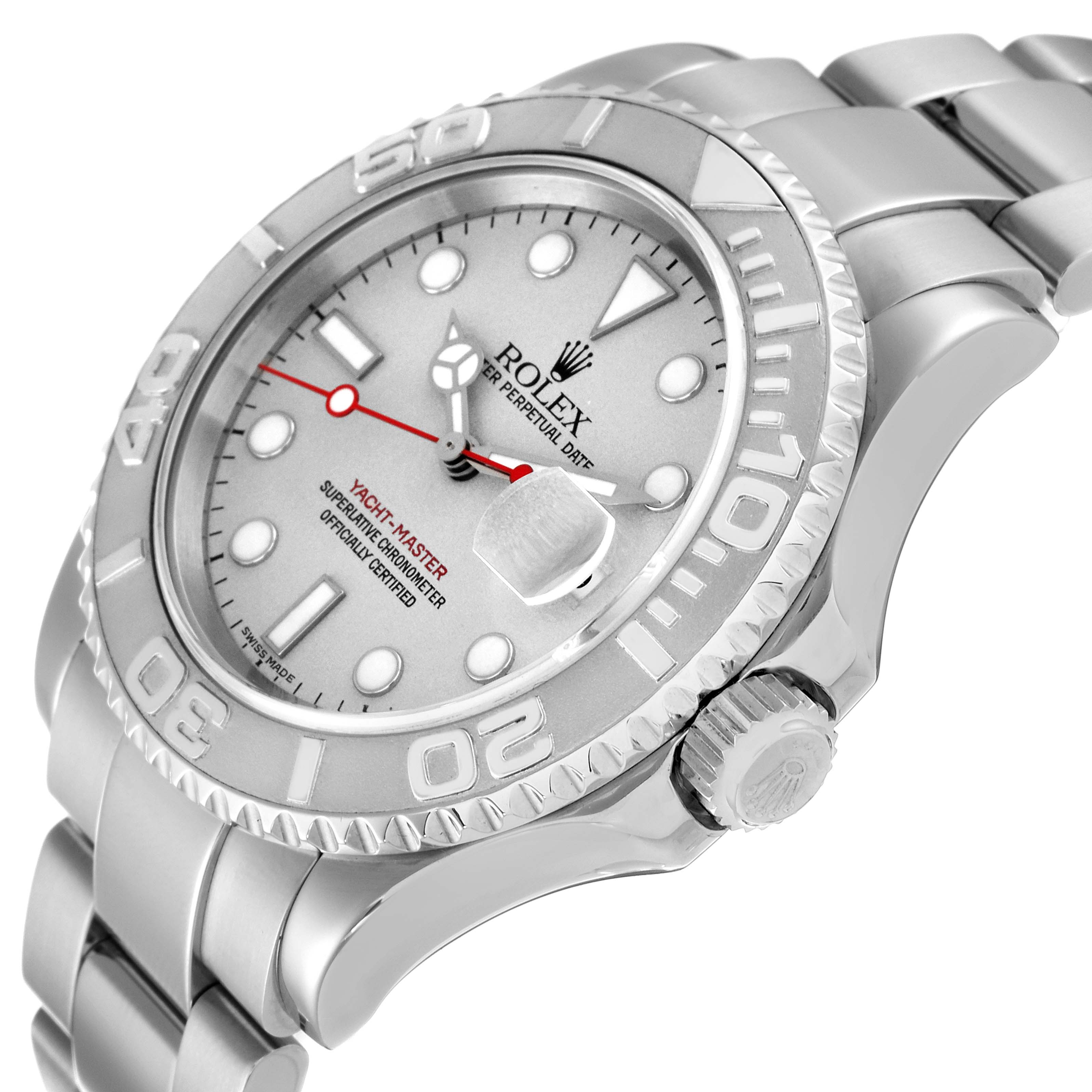 This image shows a Rolex Yacht-Master 16622 Men
s Stainless Steel Silver Dial 16622 Men
s Stainless Steel Silver Dial watch from an angled view highlighting the face, bezel, crown, and part of the bracelet.