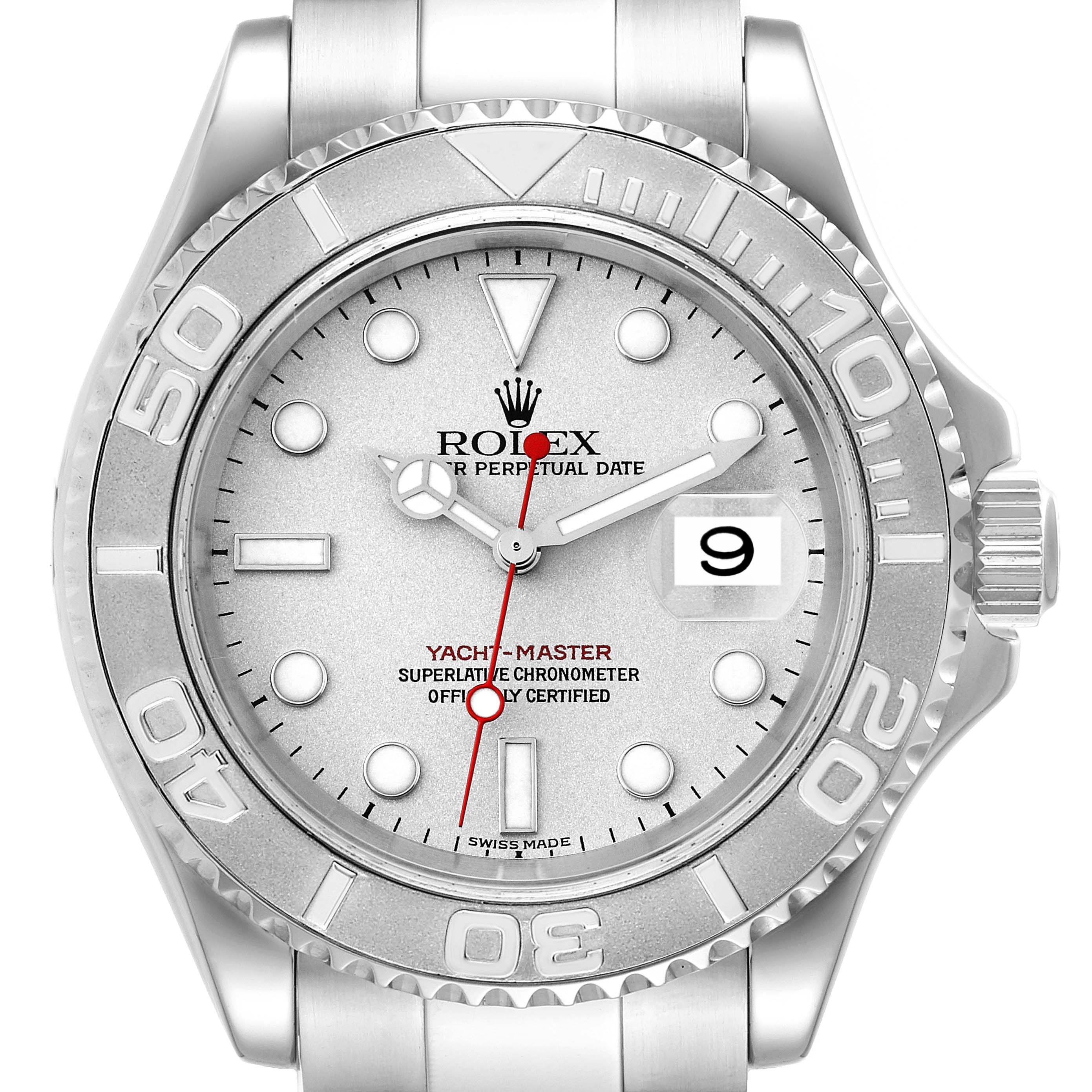 The image shows a front view of a Rolex Yacht-Master 16622 Men
s Stainless Steel Silver Dial 16622 Men
s Stainless Steel Silver Dial watch, highlighting its dial, bezel, and part of the strap.